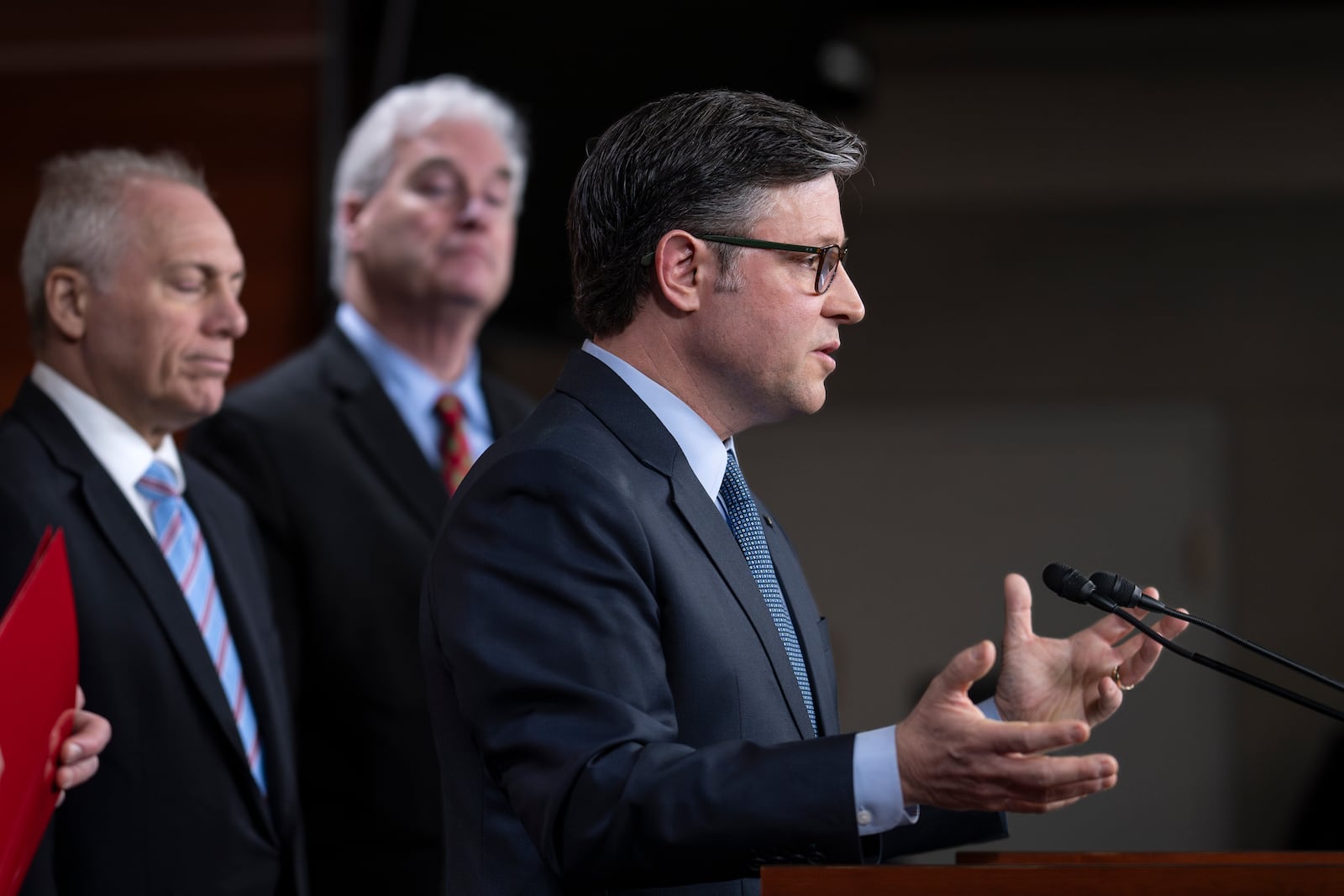 Speaker of the House Mike Johnson, R-La., center, joined from left by House Majority Leader Steve Scalise, R-La., and Majority Whip Tom Emmer, R-Minn., talks at a news conference after presenting his final version of an interim spending bill to his caucus, at the Capitol in Washington, Tuesday, Dec. 17, 2024. President-elect Donald Trump has now abruptly rejected the bipartisan plan to prevent a Christmastime government shutdown. Instead, he's telling House Speaker Mike Johnson and Republicans to essentially renegotiate — days before a deadline when federal funding runs out. (AP Photo/J. Scott Applewhite, File)