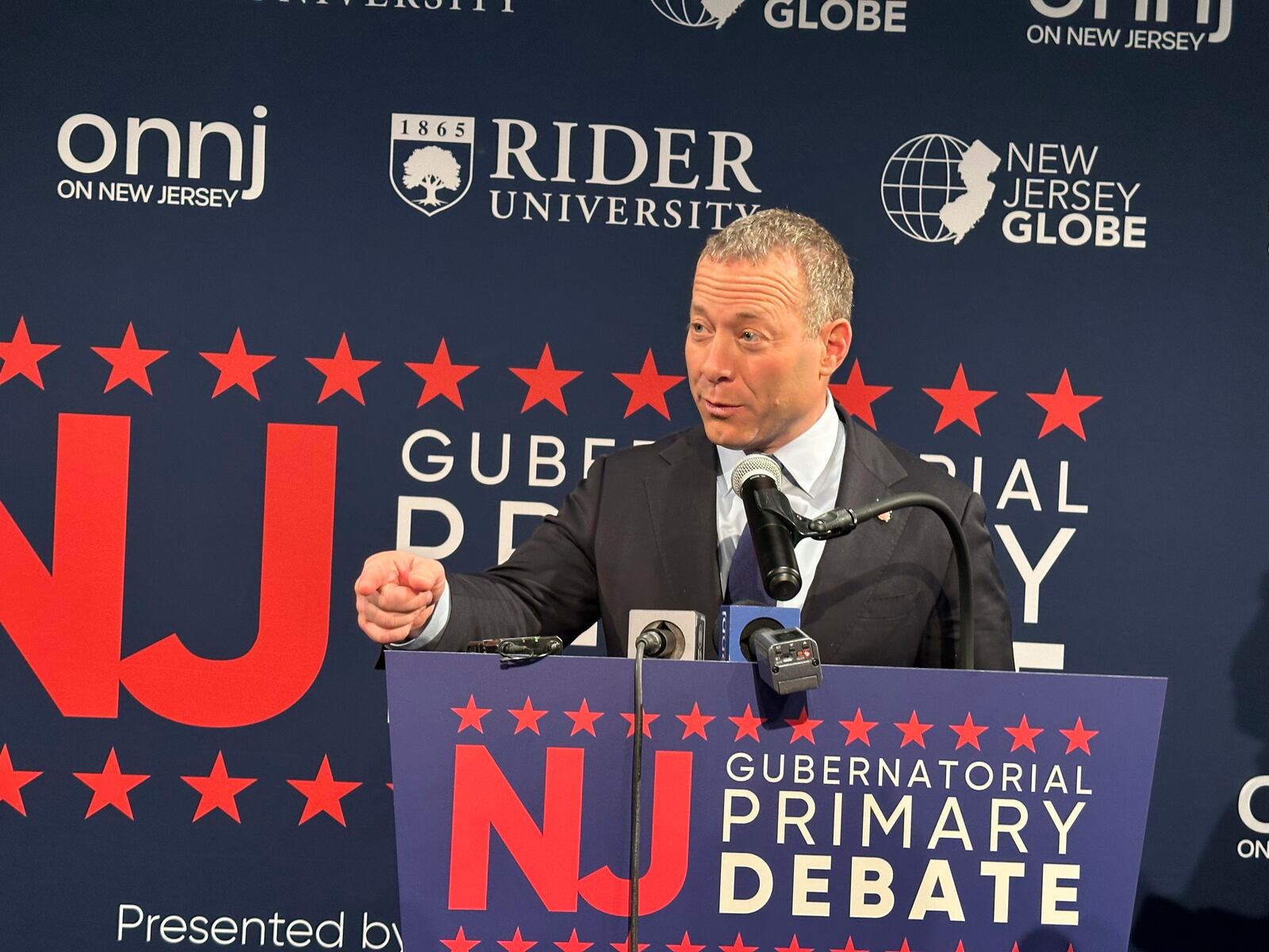 U.S. Rep. Josh Gottheimer speaks after the Democratic gubernatorial debate at Rider University in Lawrenceville, New Jersey, on Feb. 2, 2025. (AP photo/Mike Catalini)