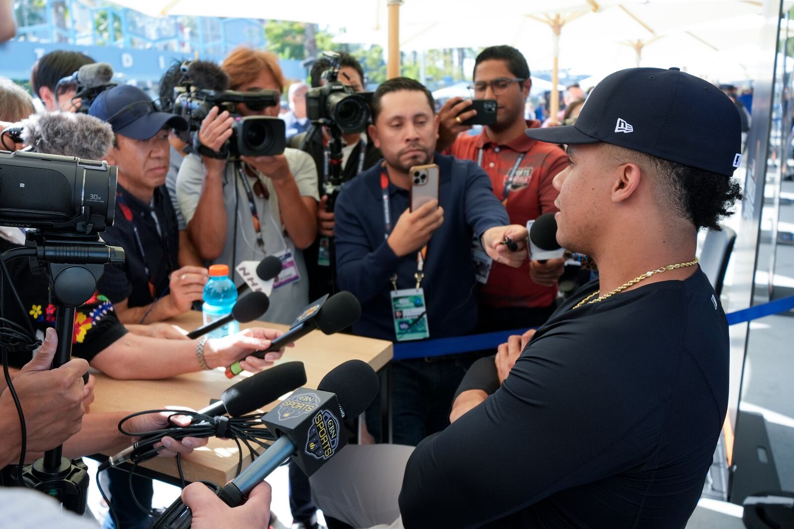 New York Yankees' Juan Soto speaks during media day for the baseball World Series, Thursday, Oct. 24, 2024, in Los Angeles. (AP Photo/Ashley Landis)