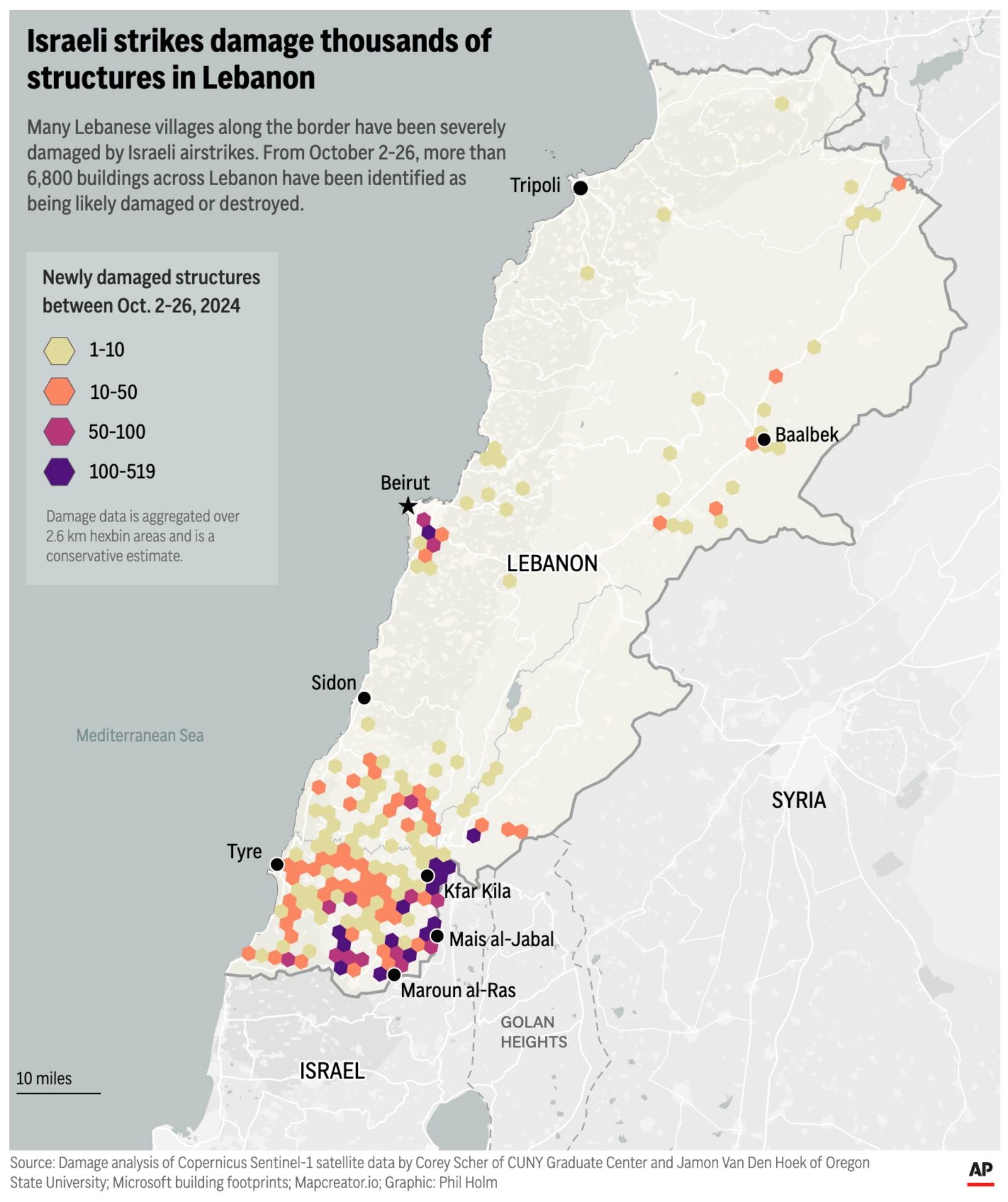 The map above displays an aggregated count of damaged structures within 2.6km areas across Lebanon from Oct. 2-26, 2024. (AP Digital Embed)