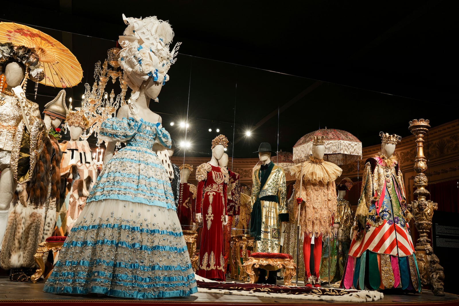 Creations are displayed during the exhibition "From the Heart to the Hands: Dolce&Gabbana" at the Grand Palais, in Paris, Thursday, Jan. 9, 2025. (AP Photo/Thibault Camus)