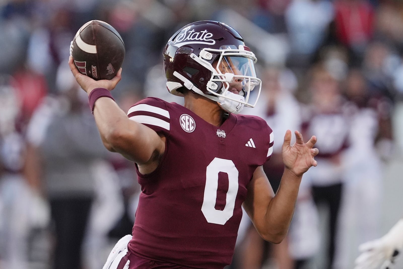 Mississippi State quarterback Michael Van Buren Jr. looks to throw a pass against Missouri during the first half of an NCAA college football game, Saturday, Nov. 23, 2024, in Starkville, Miss. (AP Photo/Rogelio V. Solis)