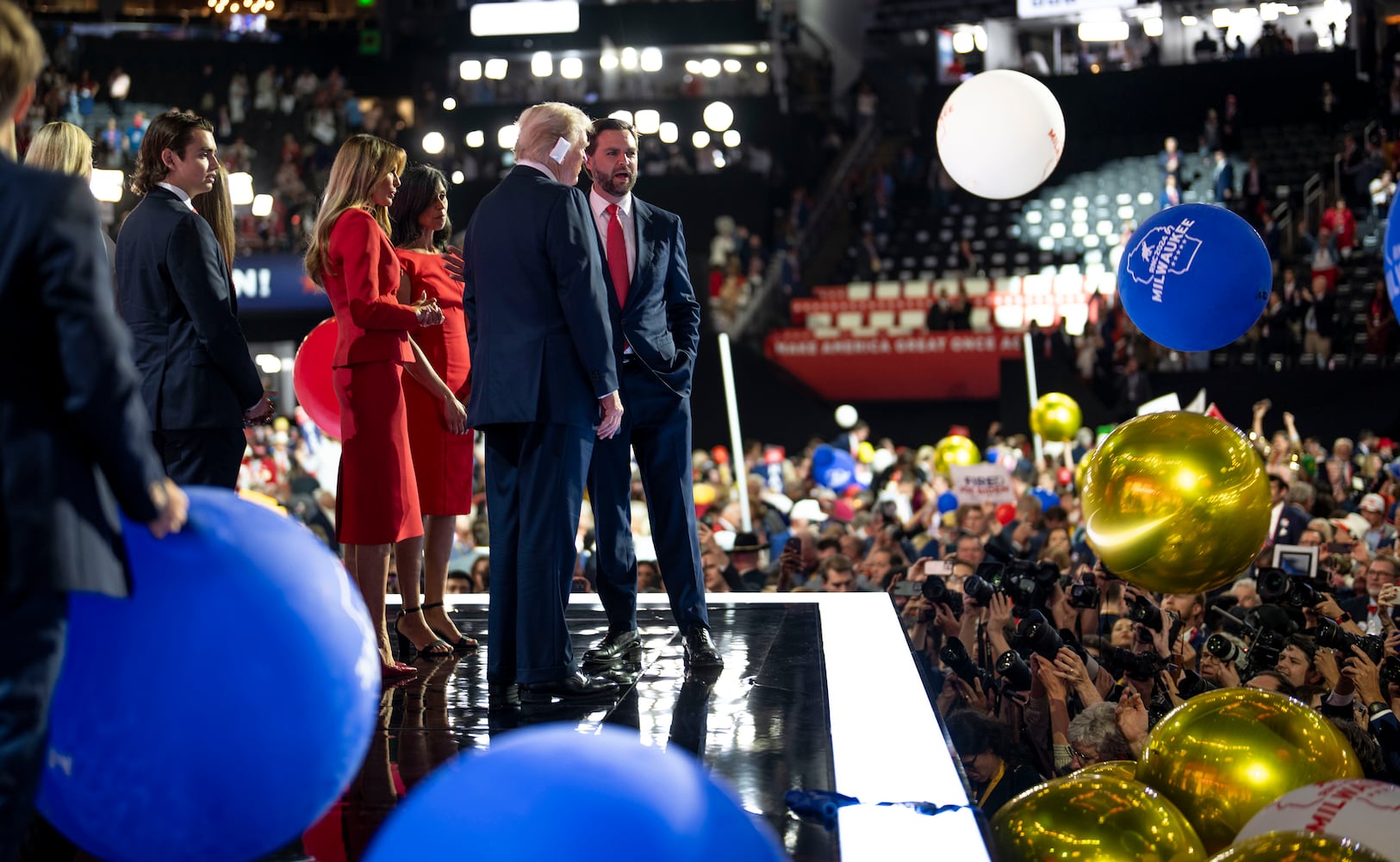 Former President Donald Trump with Vice Presidential running mate, Sen. J.D. Vance (R-OH) during the final night at the RNC Convention in Milwaukee, Thursday, July 17, 2024. (Doug Mills/The New York Times)