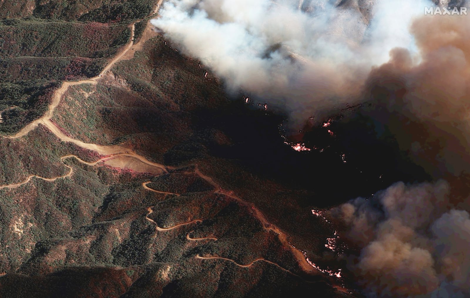 In this photo provide by Maxar Technologies, the Palisades Fire burns south of the Encino Reservoir in Los Angeles, Saturday, Jan. 11, 2025. (Maxar Technologies via AP)