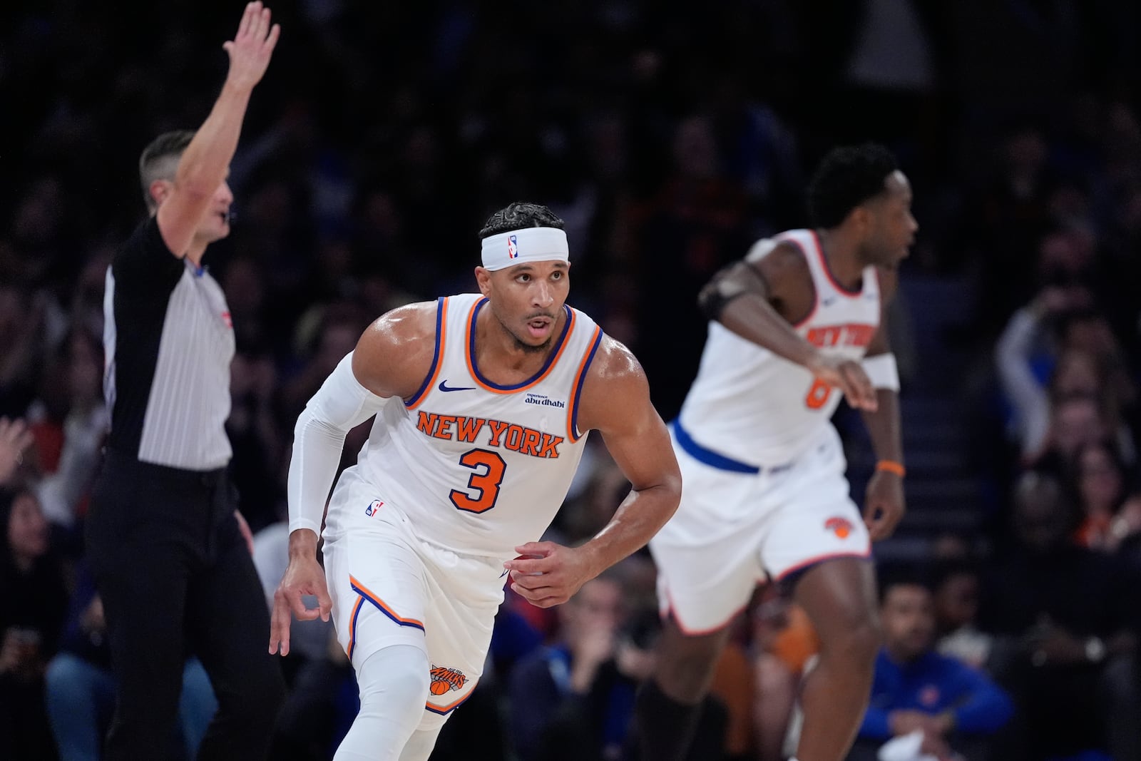 New York Knicks' Josh Hart (3) gestures after making a 3-point basket during the first half of an NBA basketball game against the Indiana Pacers, Friday, Oct. 25, 2024, in New York. (AP Photo/Frank Franklin II)