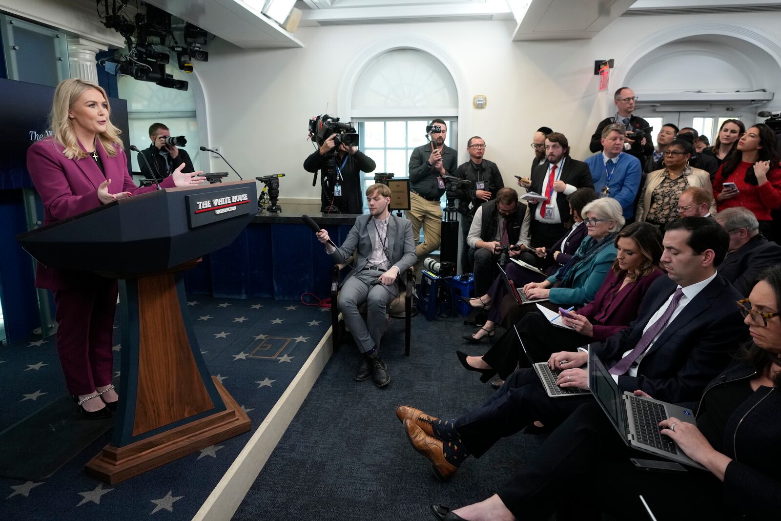 White House press secretary Karoline Leavitt speaks at the daily briefing at the White House in Washington, Tuesday, Jan. 28, 2025. (AP Photo/Ben Curtis)