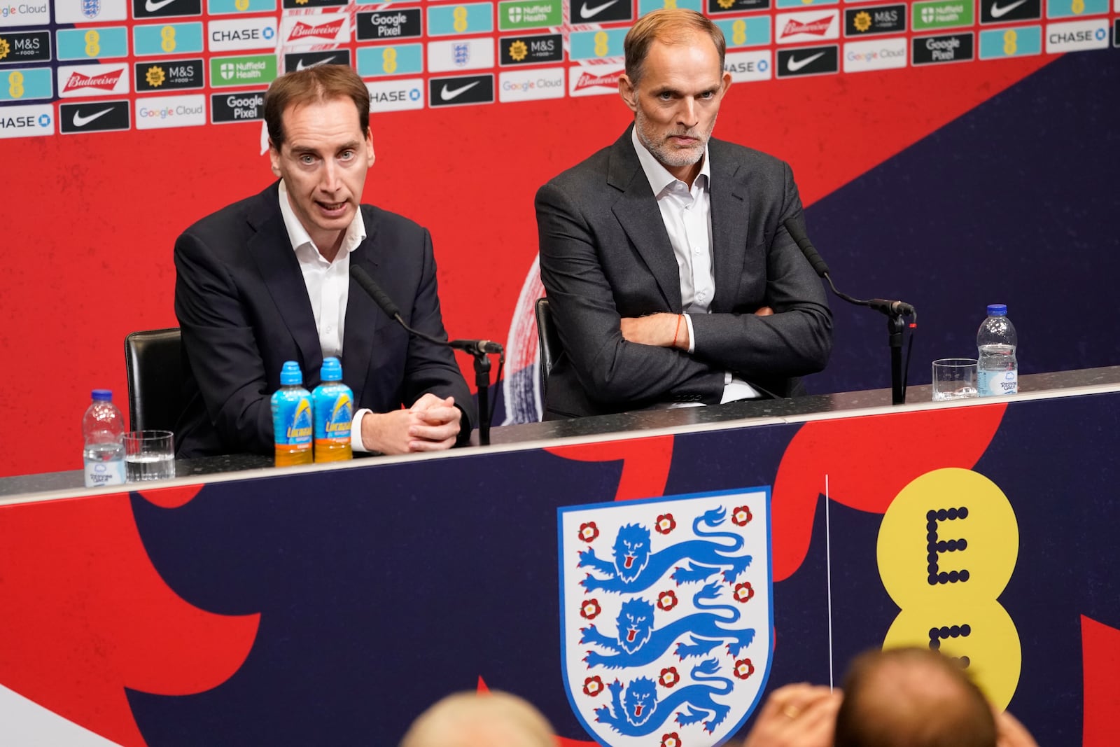 The newly appointed England men's soccer team manager Thomas Tuchel, right, with English FA CEO Mark Bullingham who speaks during a press conference held at Wembley Stadium in London, Wednesday, Oct. 16, 2024. (AP Photo/Alberto Pezzali)