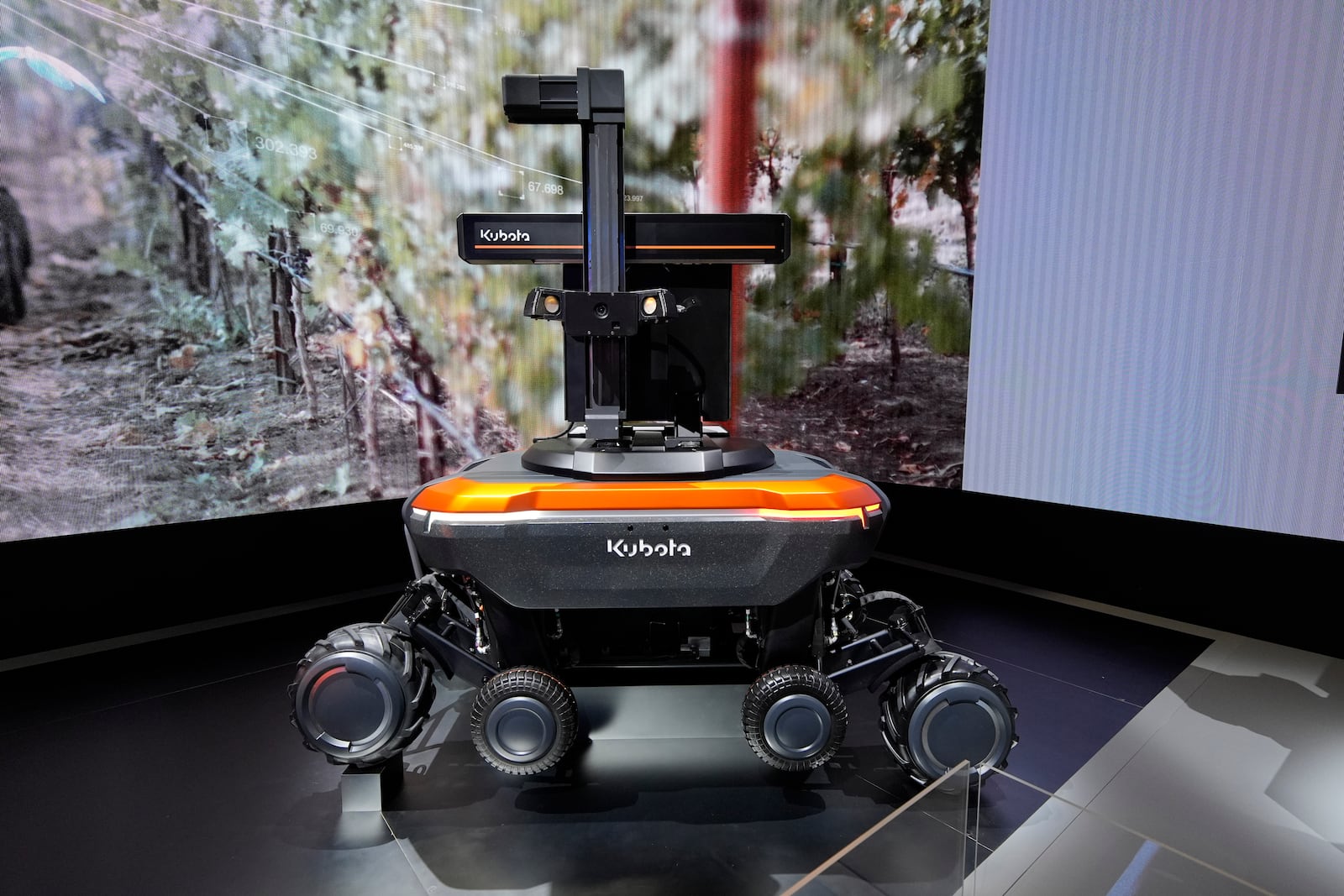 The KATR robot with Smart Plant Imager designed to work in agriculture and construction is on display at the Kubota booth during the CES tech show Tuesday, Jan. 7, 2025, in Las Vegas. (AP Photo/John Locher)