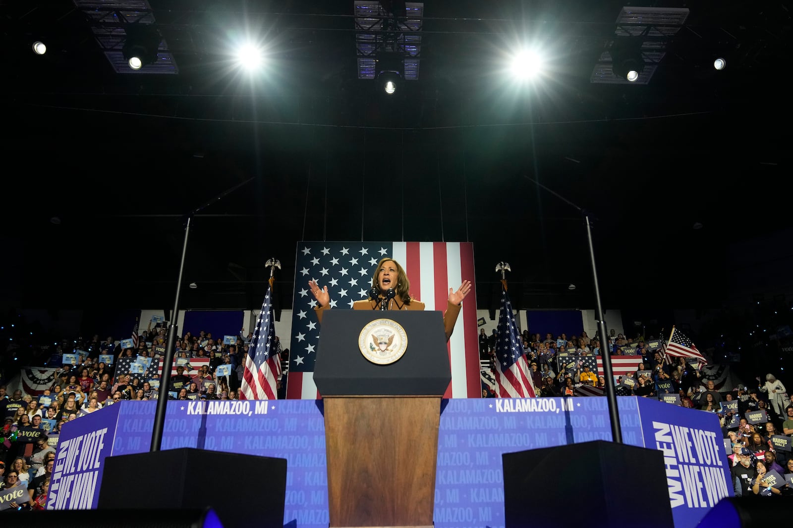 Democratic presidential nominee Vice President Kamala Harris speaks during a campaign rally at the Wings Event Center in Kalamazoo, Mich. (AP Photo/Jacquelyn Martin)