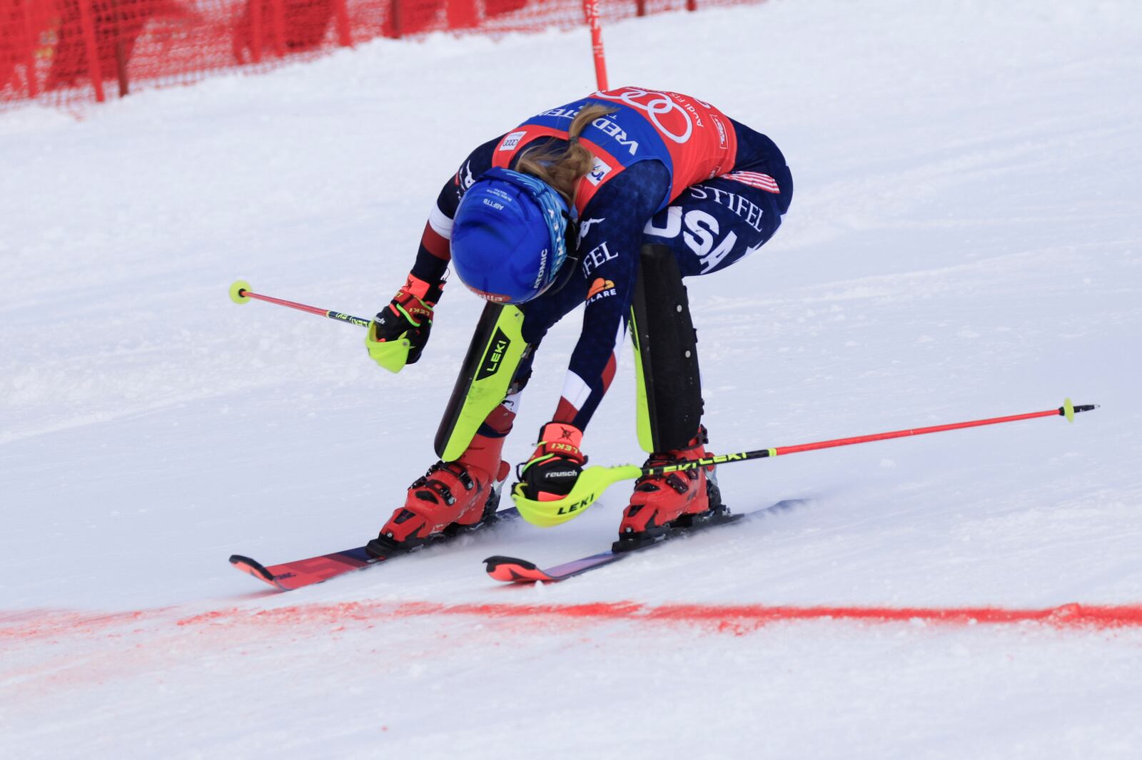 United States' Mikaela Shiffrin crosses the finish line of an alpine ski, women's World Cup slalom, in Gurgl, Austria, Saturday, Nov. 23, 2024. (AP Photo/Giovanni Maria Pizzato)