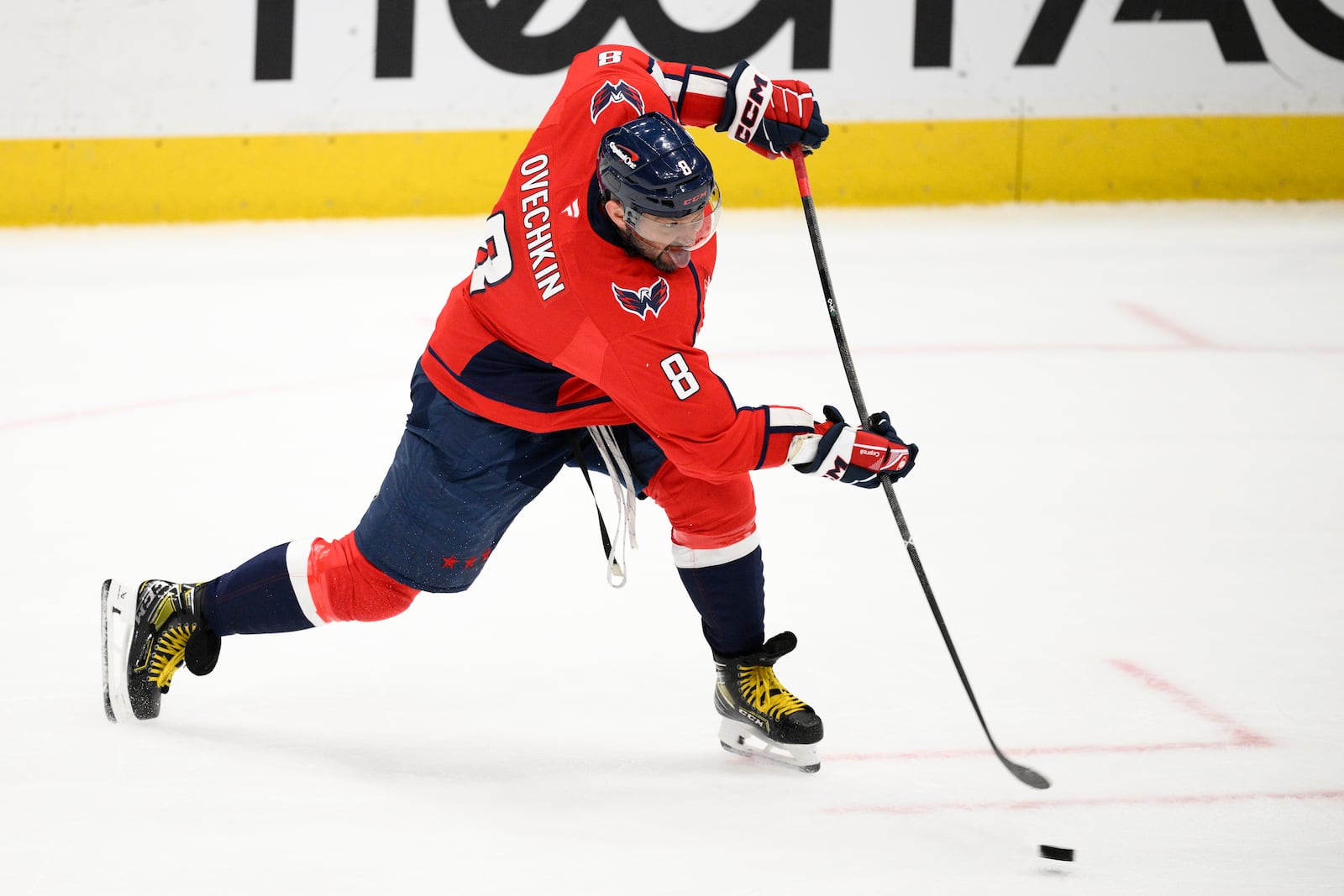 Washington Capitals left wing Alex Ovechkin shoots during the third period of an NHL hockey game against the Detroit Red Wings, Friday, March 7, 2025, in Washington. (AP Photo/Nick Wass)