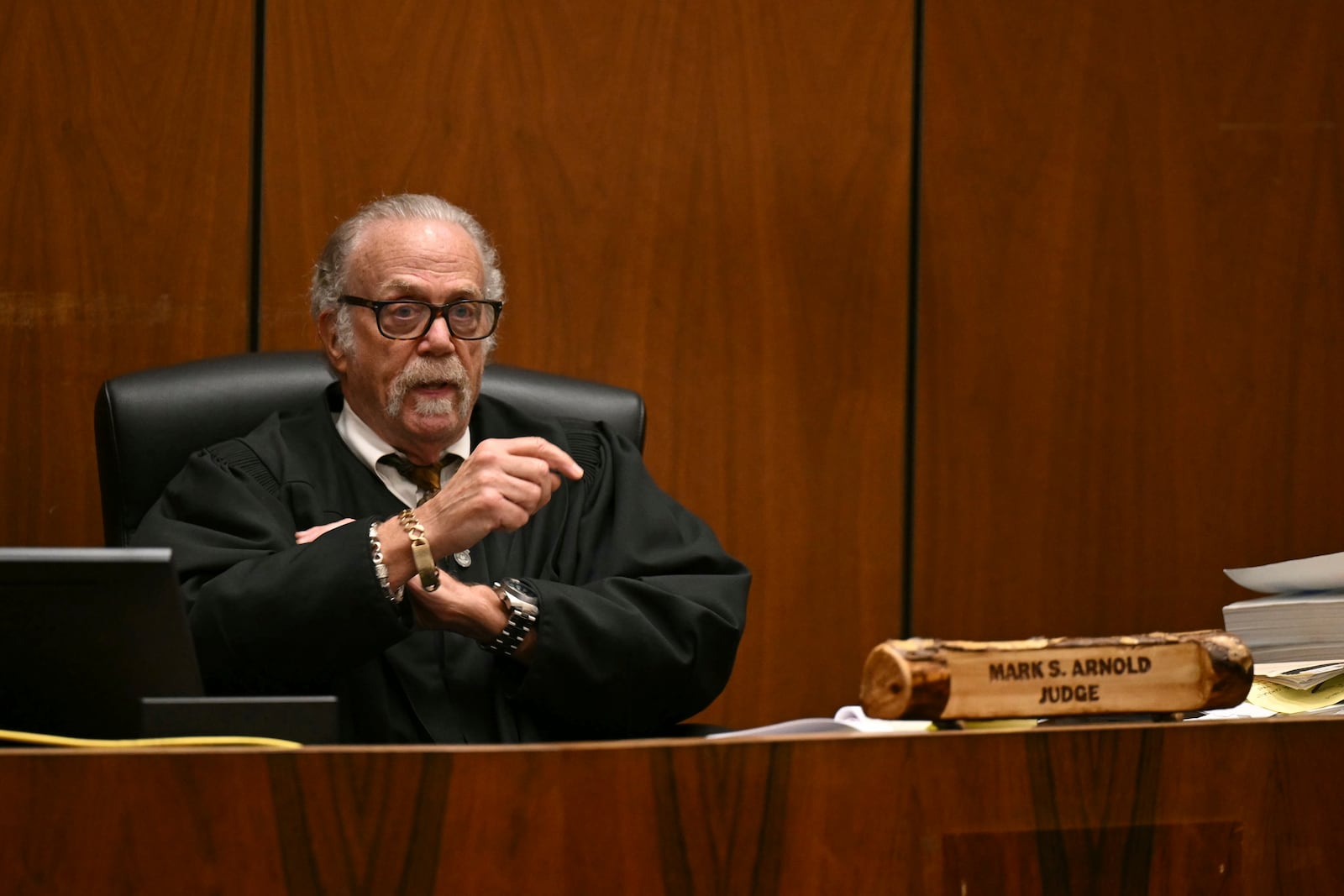 Judge Mark S. Arnold presides over A$AP Rocky's trial, in Los Angeles, Friday, Feb. 14, 2025, i. (Patrick T. Fallon/Pool Photo via AP)