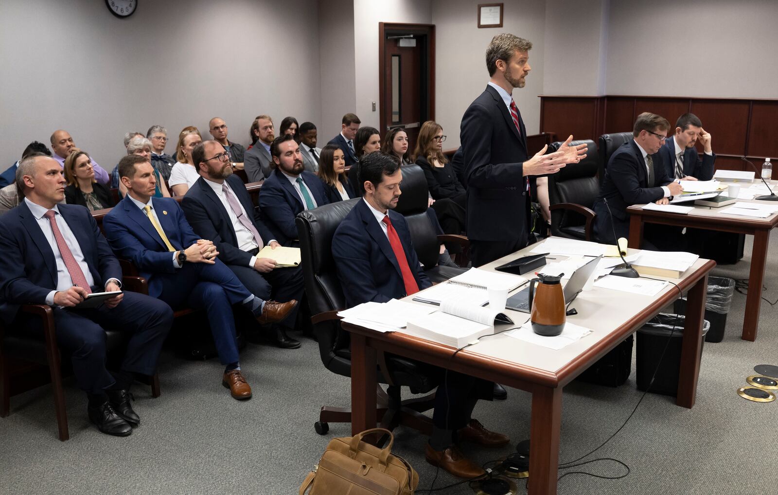 Attorney Mike Dowling, who represents Judge Jefferson Griffin, presents his opening arguments to Wake County Judge William Pittman on Friday, Feb. 7, 2025 in Raleigh, N.C. (Robert Willett/The News & Observer via AP)