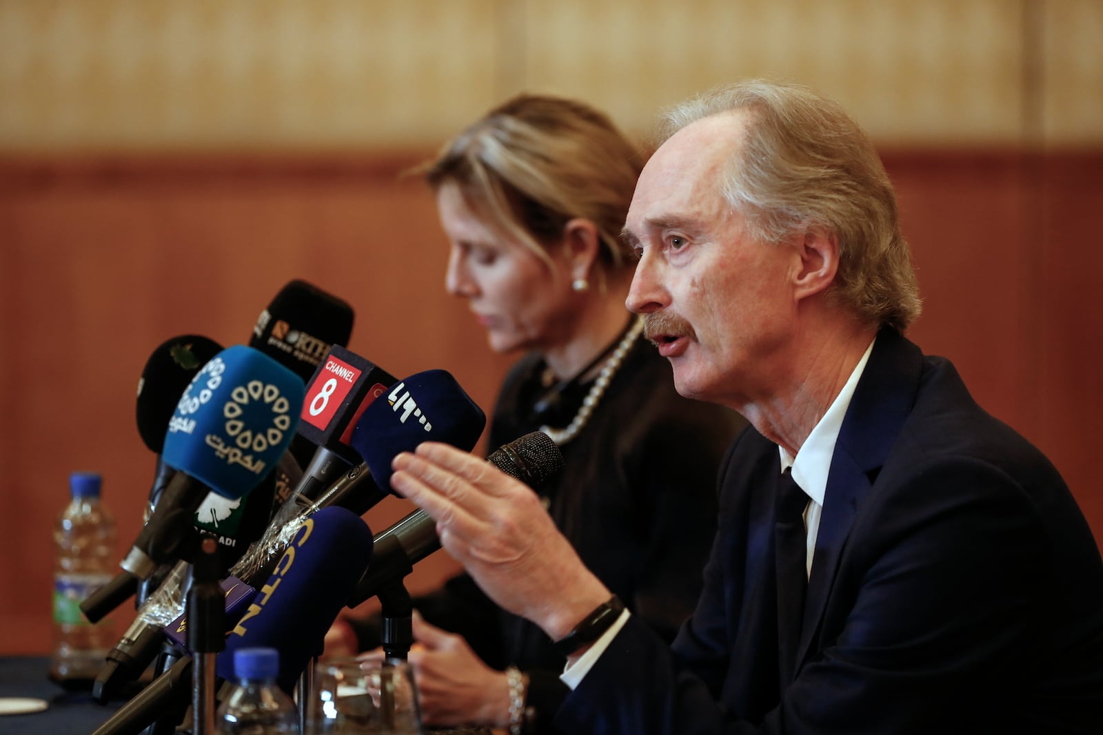 Geir O. Pedersen, UN Special Envoy for Syria, speaks during a press conference in Damascus Wednesday Jan. 22, 2025.(AP Photo/Omar Sanadiki)