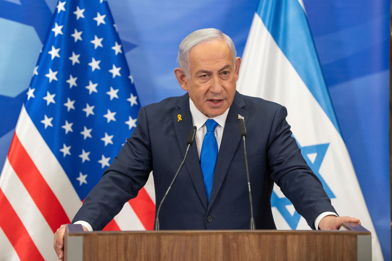 Israeli Prime Minister Benjamin Netanyahu attends a joint news conference with U.S. Secretary of State Marco Rubio at the Prime Minister's office in Jerusalem, Israel, Sunday, Feb. 16, 2025. (AP Photo/Ohad Zwigenberg,Pool)