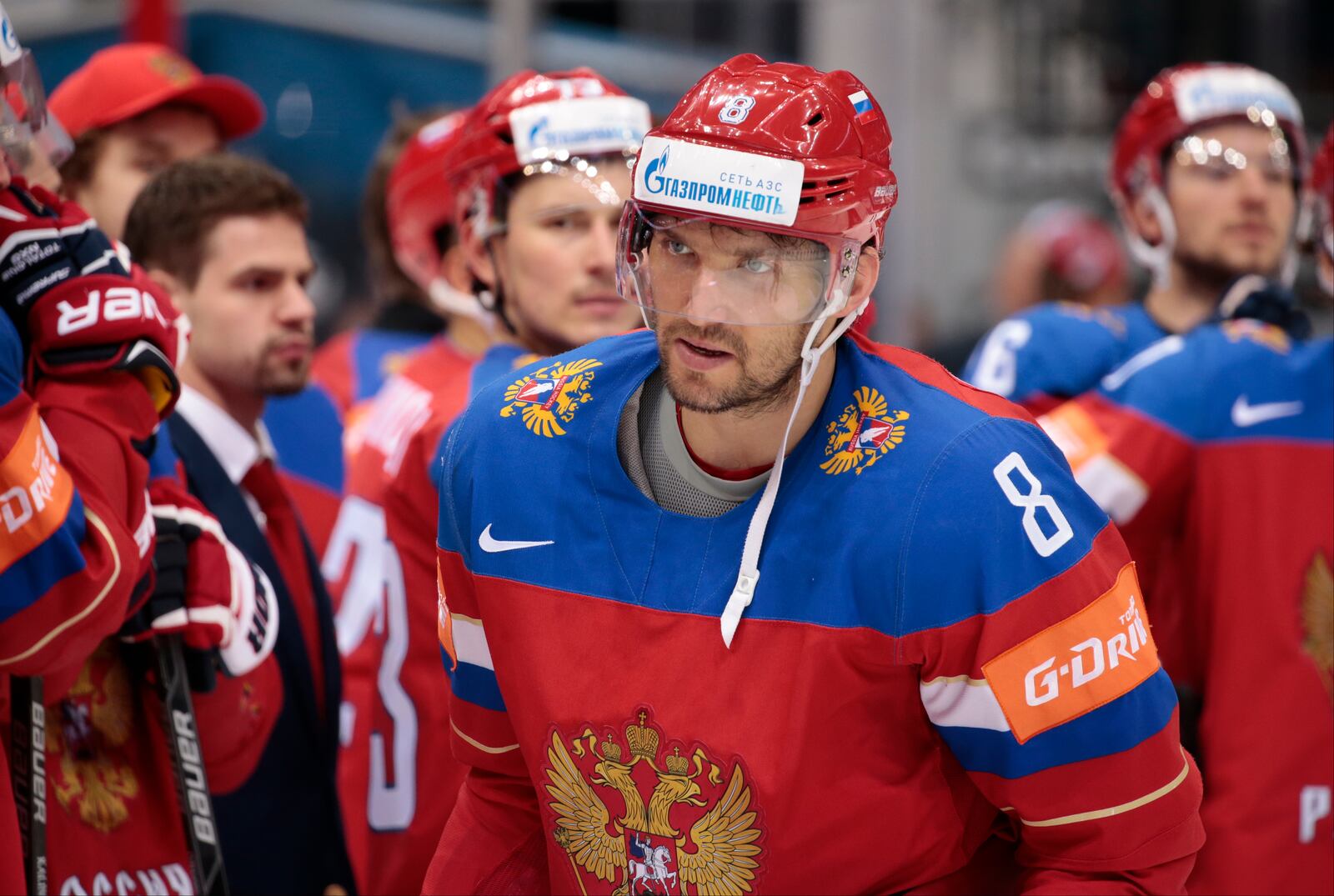 FILE - Russia's Alexander Ovechkin reacts after team's victory at the Ice Hockey World Championships bronze medal match between Russia and USA, in Moscow, Russia, on Sunday, May 22, 2016. (AP Photo/Ivan Sekretarev, File)