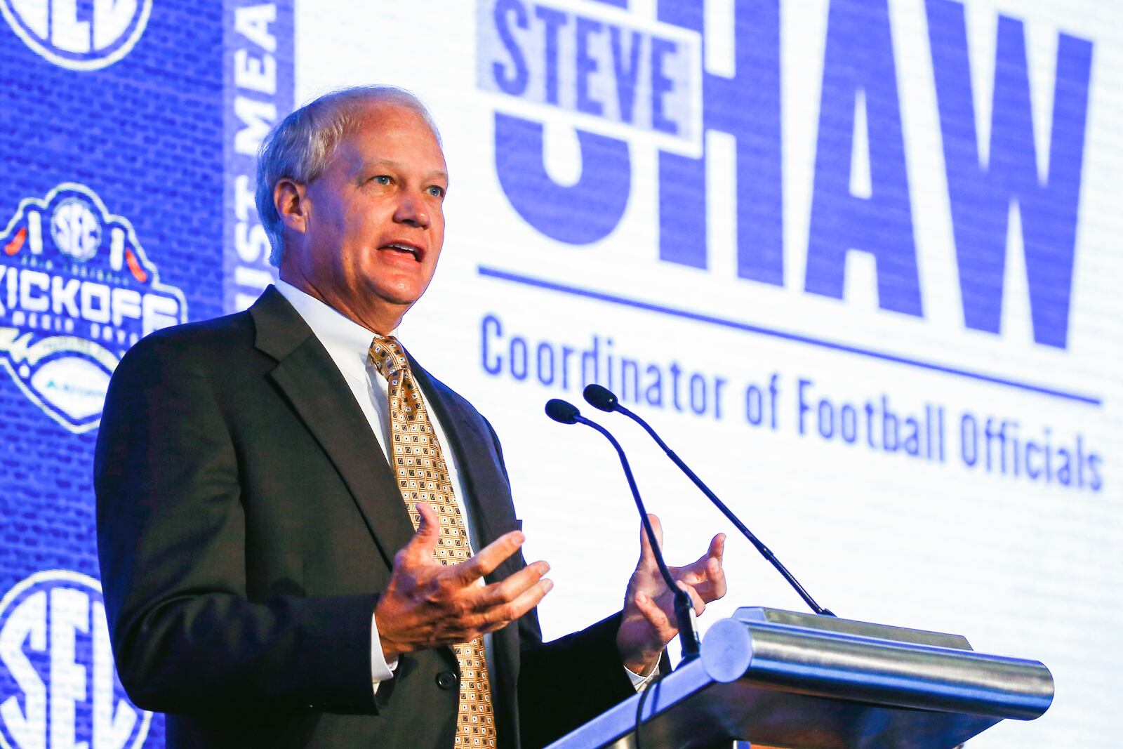 FILE - Steve Shaw, then-SEC supervisor of officials, speaks during the NCAA college football Southeastern Conference Media Days, July 16, 2019, in Hoover, Ala. (AP Photo/Butch Dill, File)