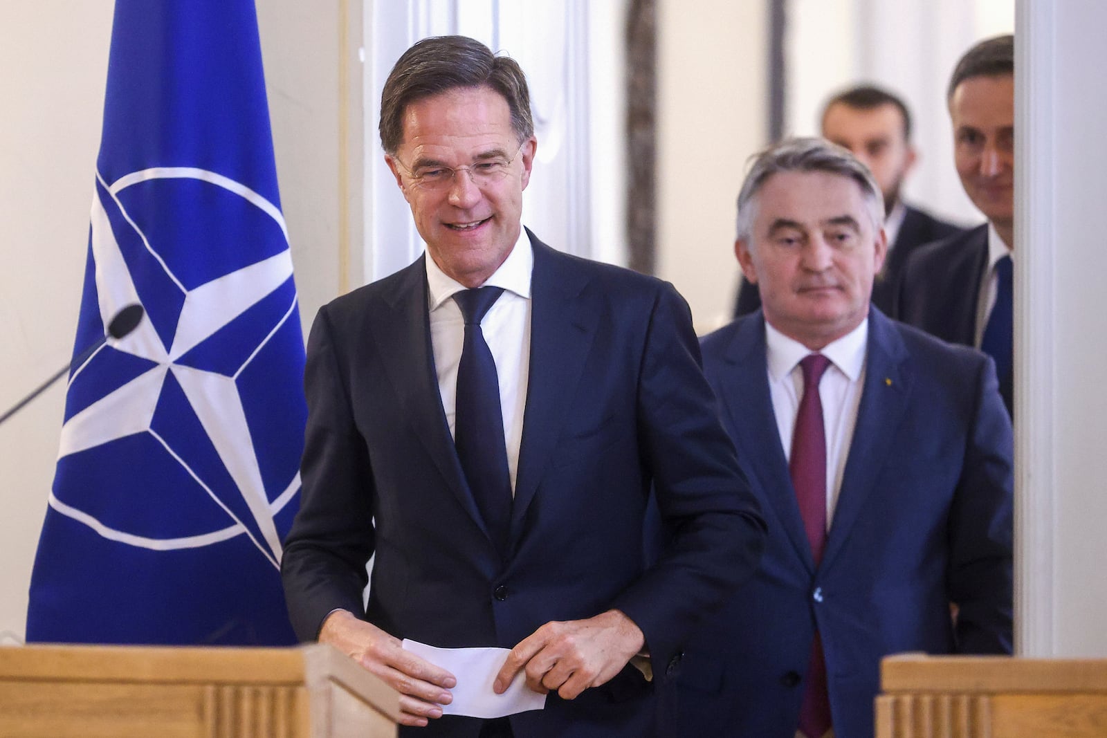 NATO Secretary General Mark Rutte walks out of a meeting with the members of the Bosnian Presidency prior to the start of their press conference in Sarajevo, Bosnia, Monday, March 10, 2025. (AP Photo/Armin Durgut)