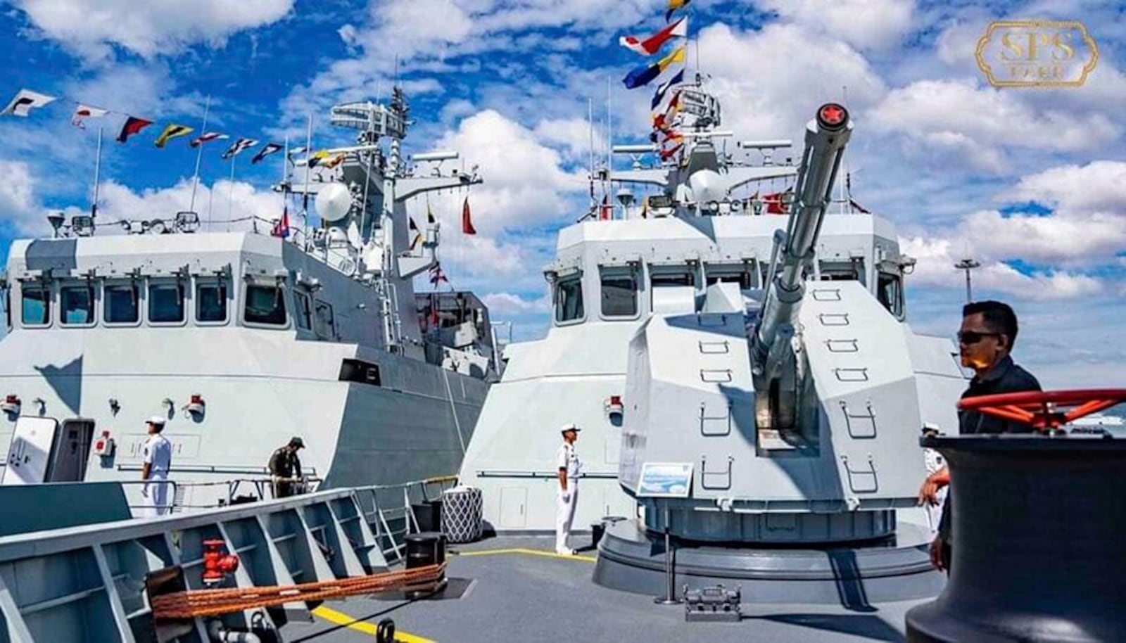 FILE - In this photo released by the official Facebook page of the Ream Naval Base, Cambodian navy crew stand on a patrol boat at the Ream Naval Base in Sihanoukville, southwest of Phnom Penh, Cambodia, Sunday, Dec. 3, 2023. (Ream Naval Base's Facebook page via AP, File)