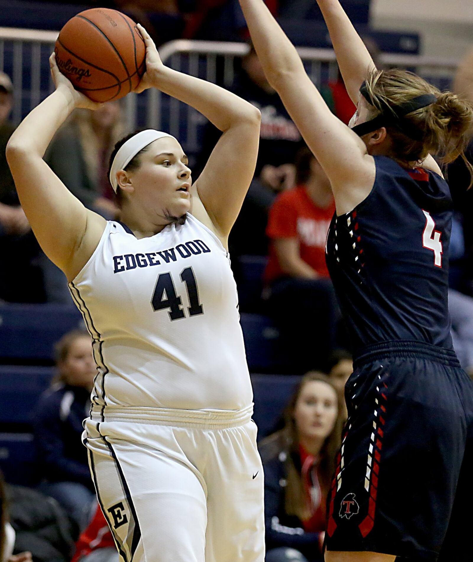 Talawanda guard Emma Wright pressures Edgewood forward Katie Curry on Wednesday night at Ron Kash Court in Trenton. CONTRIBUTED PHOTO BY E.L. HUBBARD