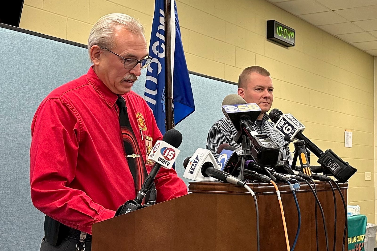 Green Lake County Sheriff Mark Podoll address reporters during a news conference Wednesday, Dec. 11, 2024, in Green Lake, Wis., announcing that Ryan Borgwardt has been taken into custody. (AP Photo/Todd Richmond)