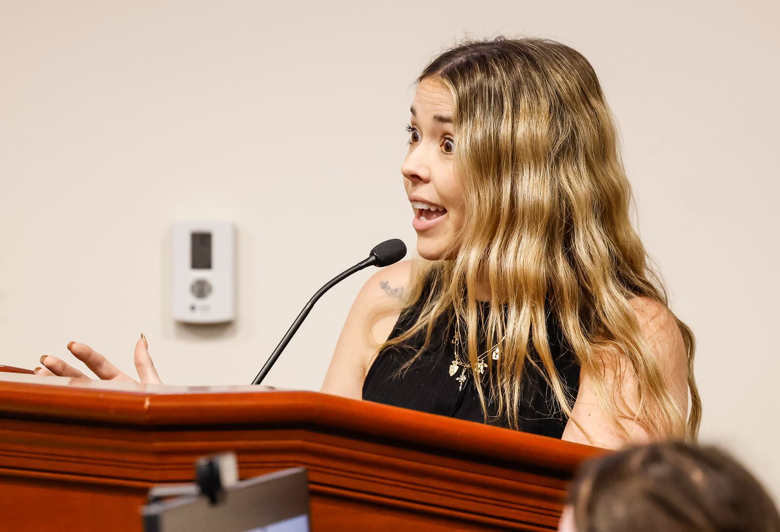 Sarah Dankoff, owner of Wildfire Hygge Goods, voices her concerns during a special Hamilton city council meeting to discuss the Miami Conservancy District assessment increase staff Thursday, April 18, 2024 in Hamilton. NICK GRAHAM/STAFF