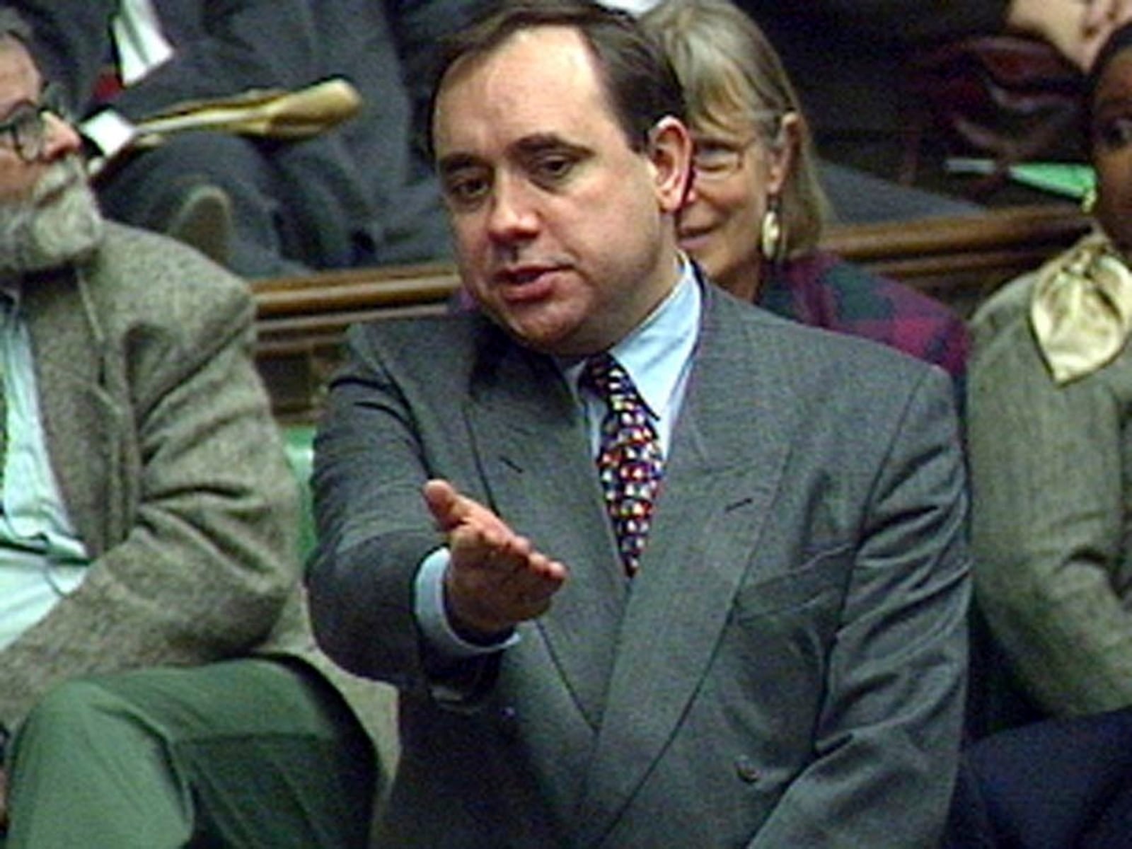 FILE - Alex Salmond speaks during a debate following the Government's defeat on their fishing policy on Dec. 19, 1995. (PA via AP, File)