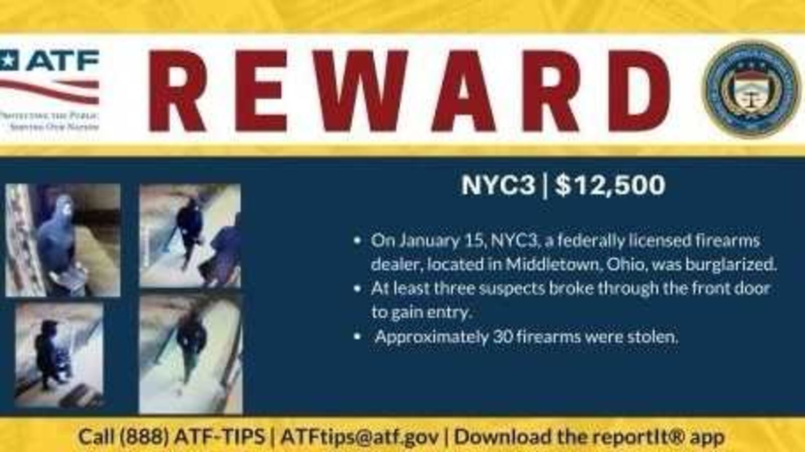 A reward is being offered in a Jan. 15, 2022 Middletown Robbery. ATF/CONTRIBUTED