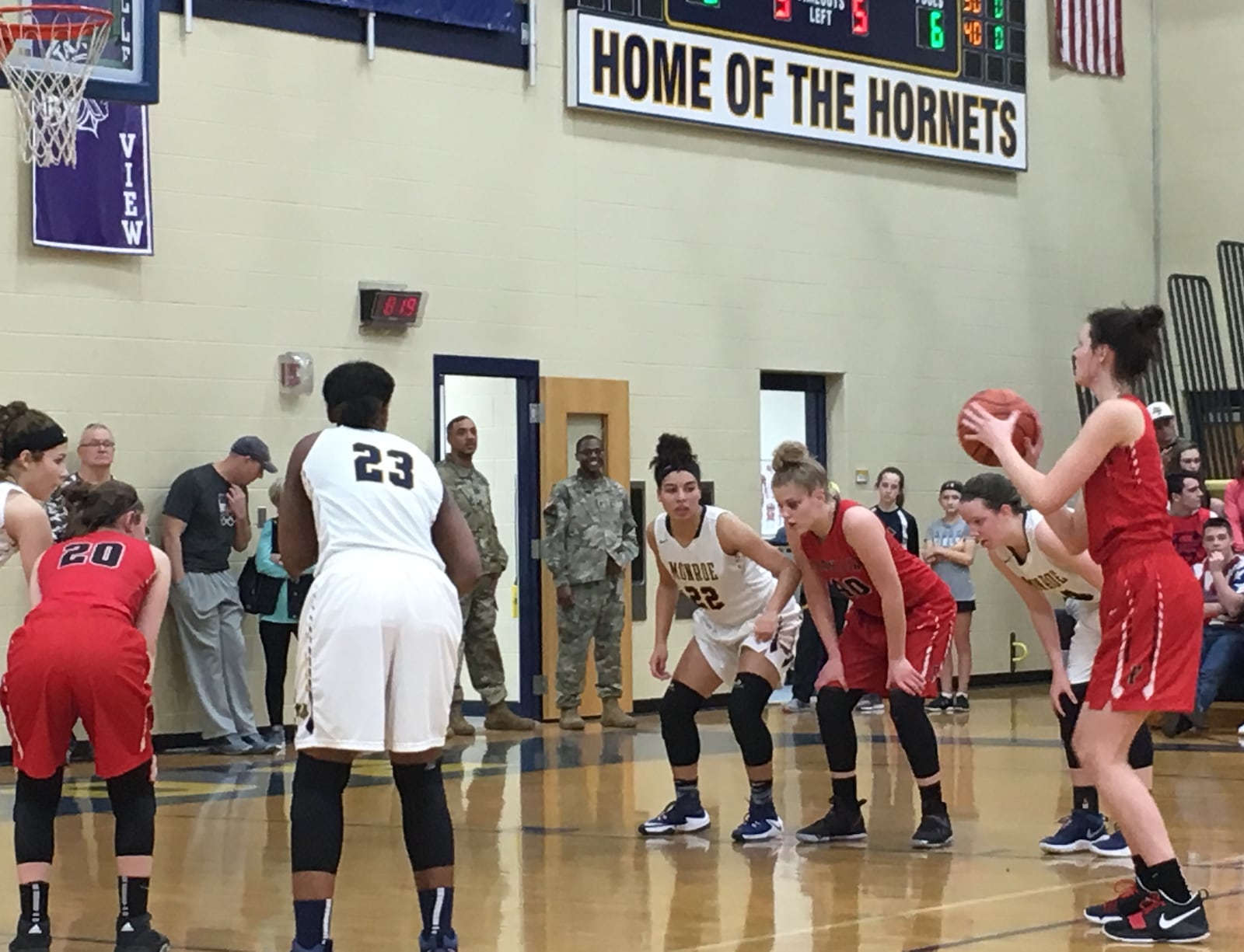 Franklin’s Layne Ferrell finds herself in a familiar spot during Saturday night’s game at Monroe. Ferrell was 12 of 14 at the foul line en route to 25 points. RICK CASSANO/STAFF