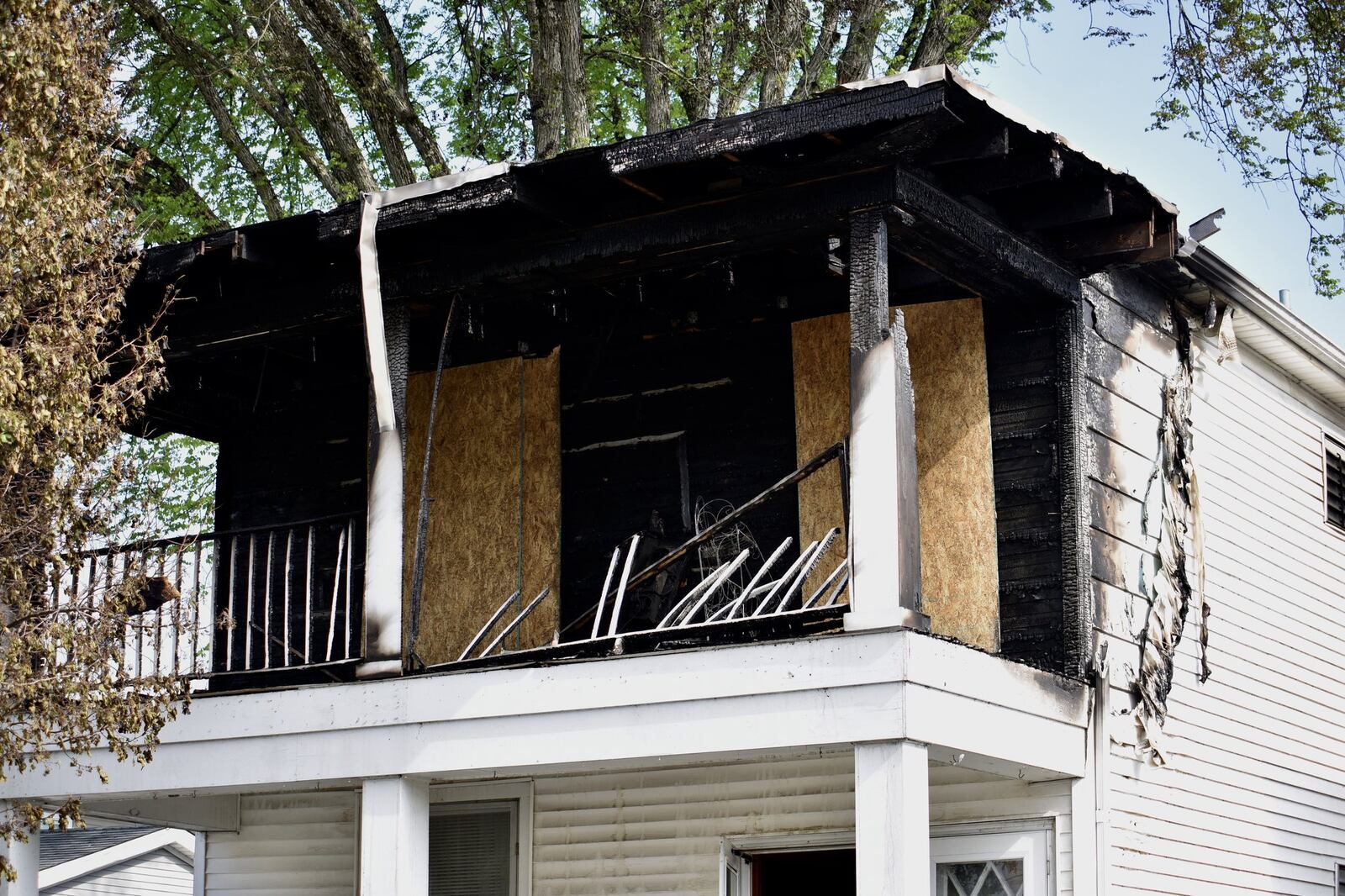 A fire destroyed part of multi-unit house Monday, April 27, 2020 on Minor Ave. in Hamilton. NICK GRAHAM / STAFF