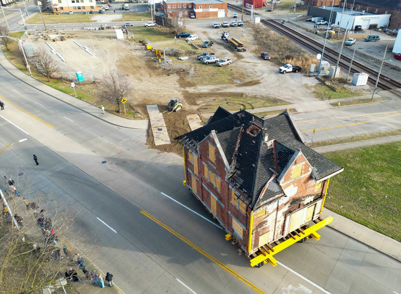 Crews with Wolfe House & Building Movers moved the former CSX train depot 1,000-plus feet north on Martin Luther King Jr. Boulevard to its new location at the corner of Maple Avenue and MLK Boulevard Tuesday, Dec. 20, 2022. NICK GRAHAM/STAFF