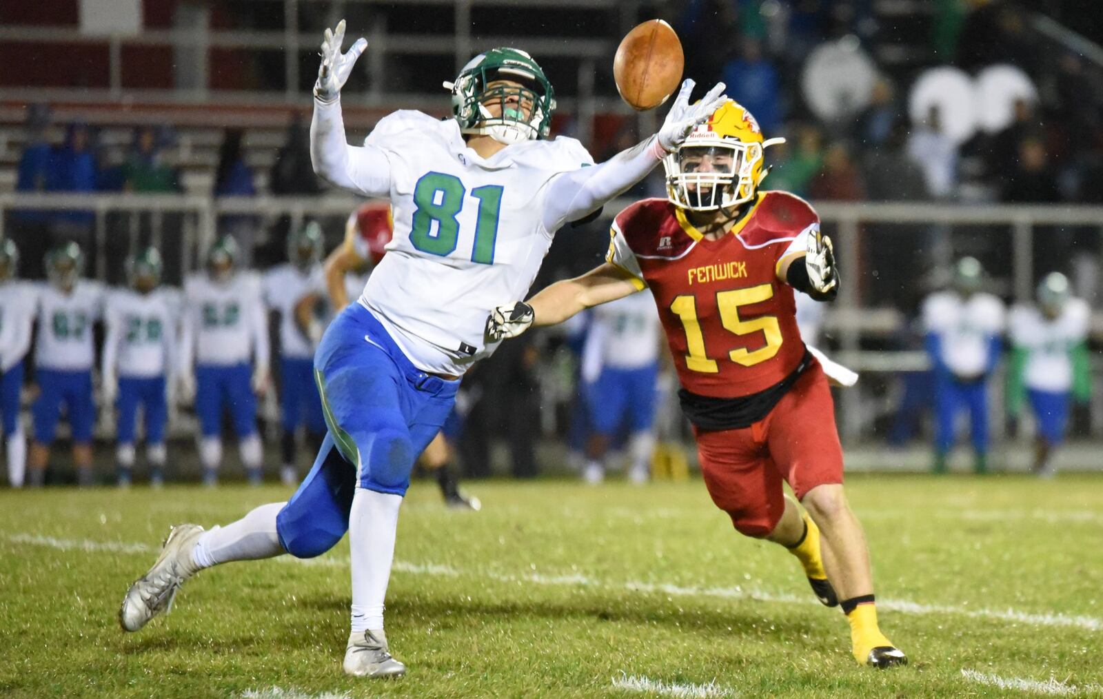 Fenwick’s Henry Nenni (15) breaks up a pass intended for Chaminade Julienne’s Colin Dowling (81) during Friday night’s Division III, Region 12 playoff game at Krusling Field in Middletown. Fenwick won 28-7. CONTRIBUTED PHOTO BY ANGIE MOHRHAUS