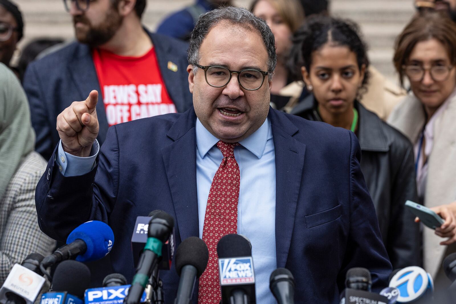 Baher Azmy, attorney for Mahmoud Khalil, speaks to members of the media after a hearing in Manhattan federal court addressing Khalil's deportation case, Wednesday, March 12, 2025, in New York. (AP Photo/Stefan Jeremiah)