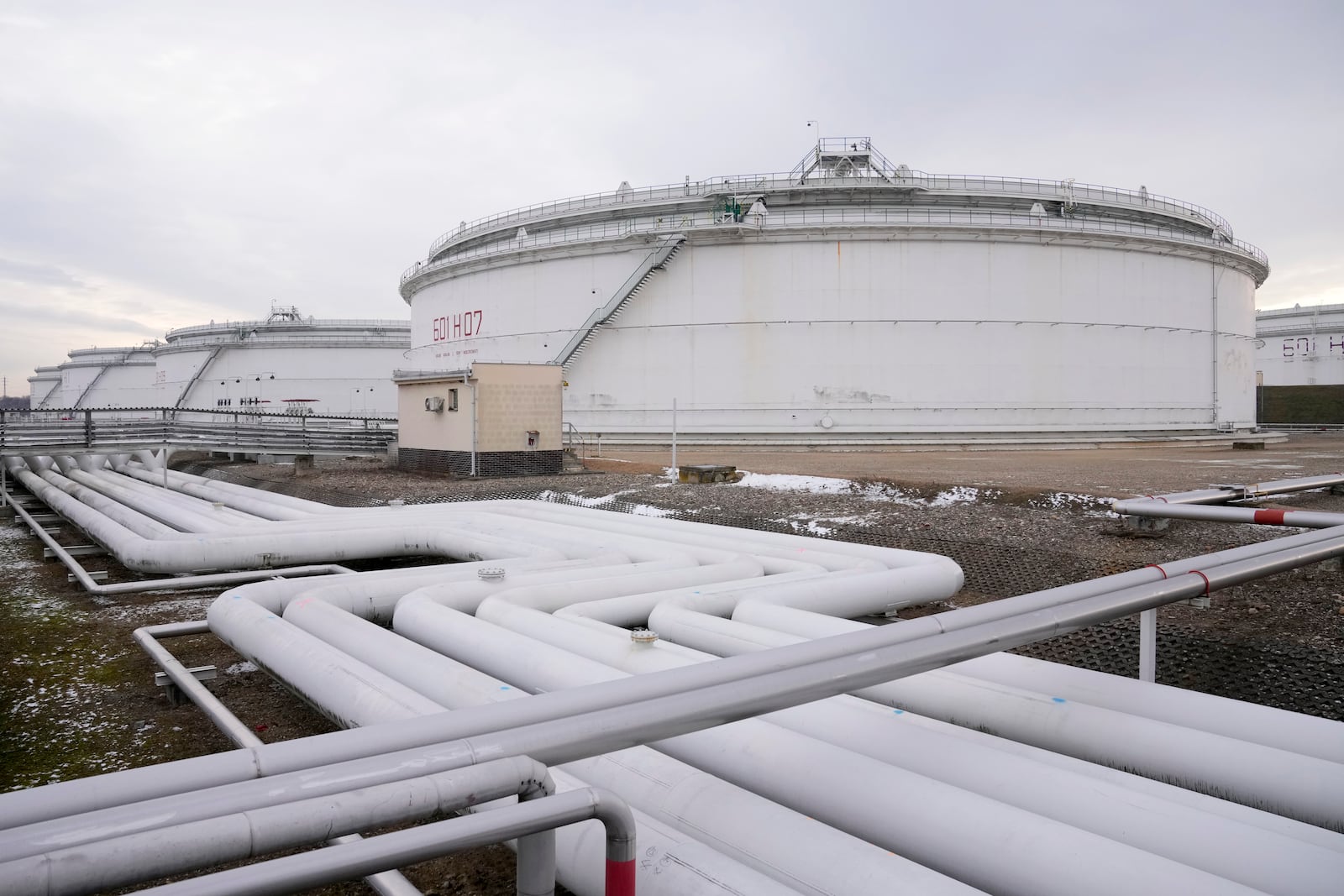 A view of the oil pipes at the Central Oil Tank Farm near Nelahozeves, Czech Republic, Tuesday, Jan. 14, 2025. (AP Photo/Petr David Josek)