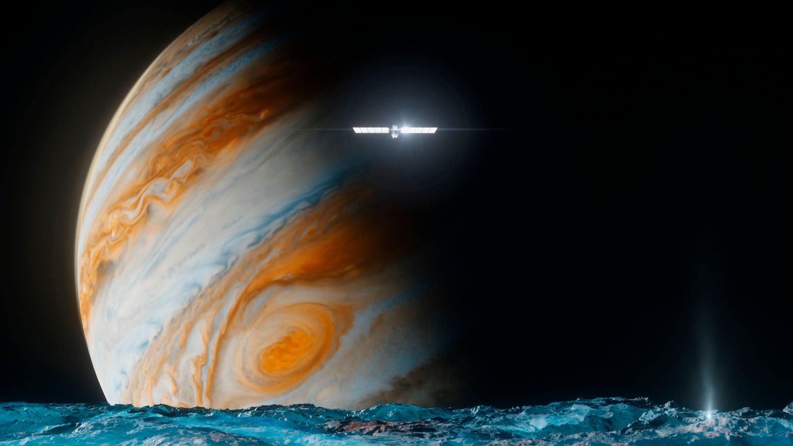 This illustration provided by NASA depicts the Europa Clipper spacecraft above the surface of the moon Europa, foreground, and Jupiter behind. (NASA/JPL-Caltech via AP)