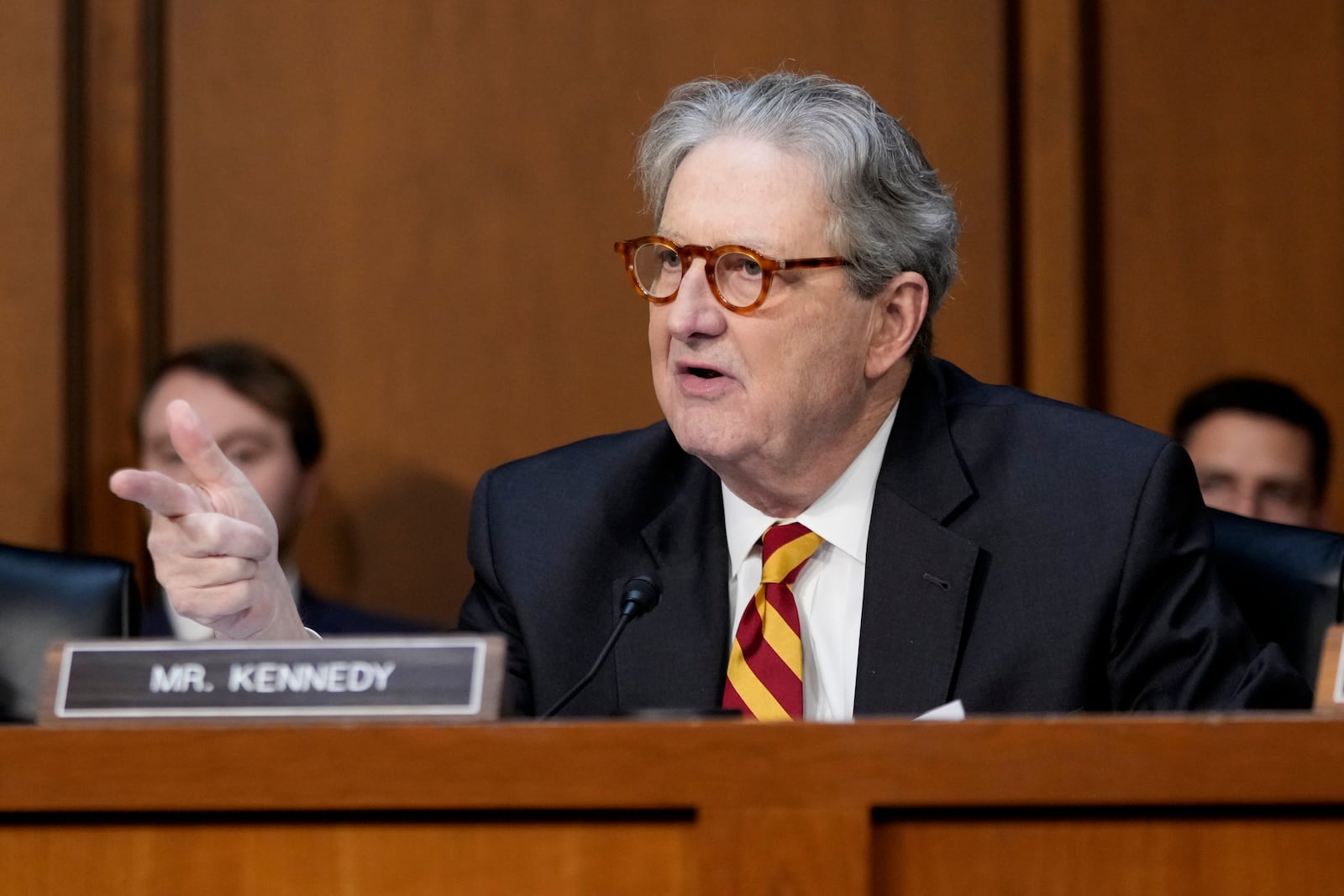 Sen. John Kennedy, R-La., speaks during a confirmation hearing before the Senate Judiciary Committee for Kash Patel, President Donald Trump's choice to be director of the FBI, at the Capitol in Washington, Thursday, Jan. 30, 2025. (AP Photo/Ben Curtis)