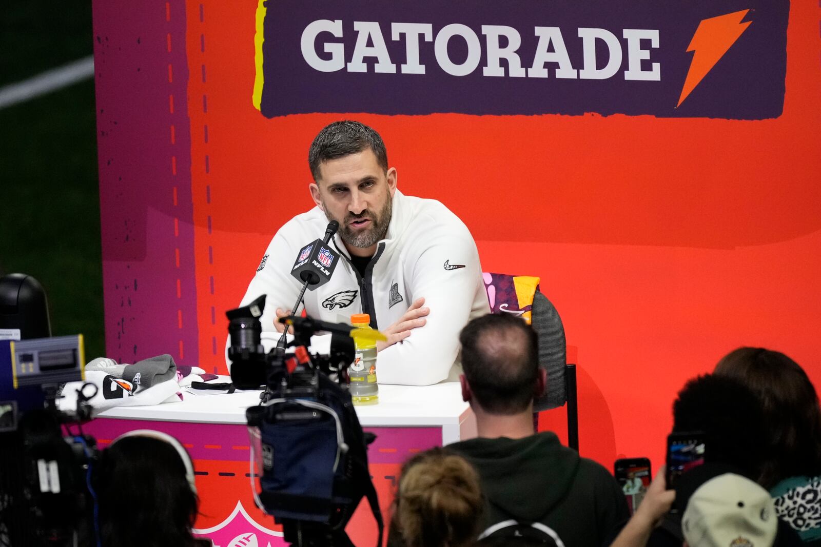 Philadelphia Eagles coach Nick Sirianni participates during Super Bowl 59 Opening Night, Monday, Feb. 3, 2025, in New Orleans, ahead of the NFL football game between the Philadelphia Eagles and the Kansas City Chiefs Sunday. (AP Photo/Godofredo A. Vásquez)