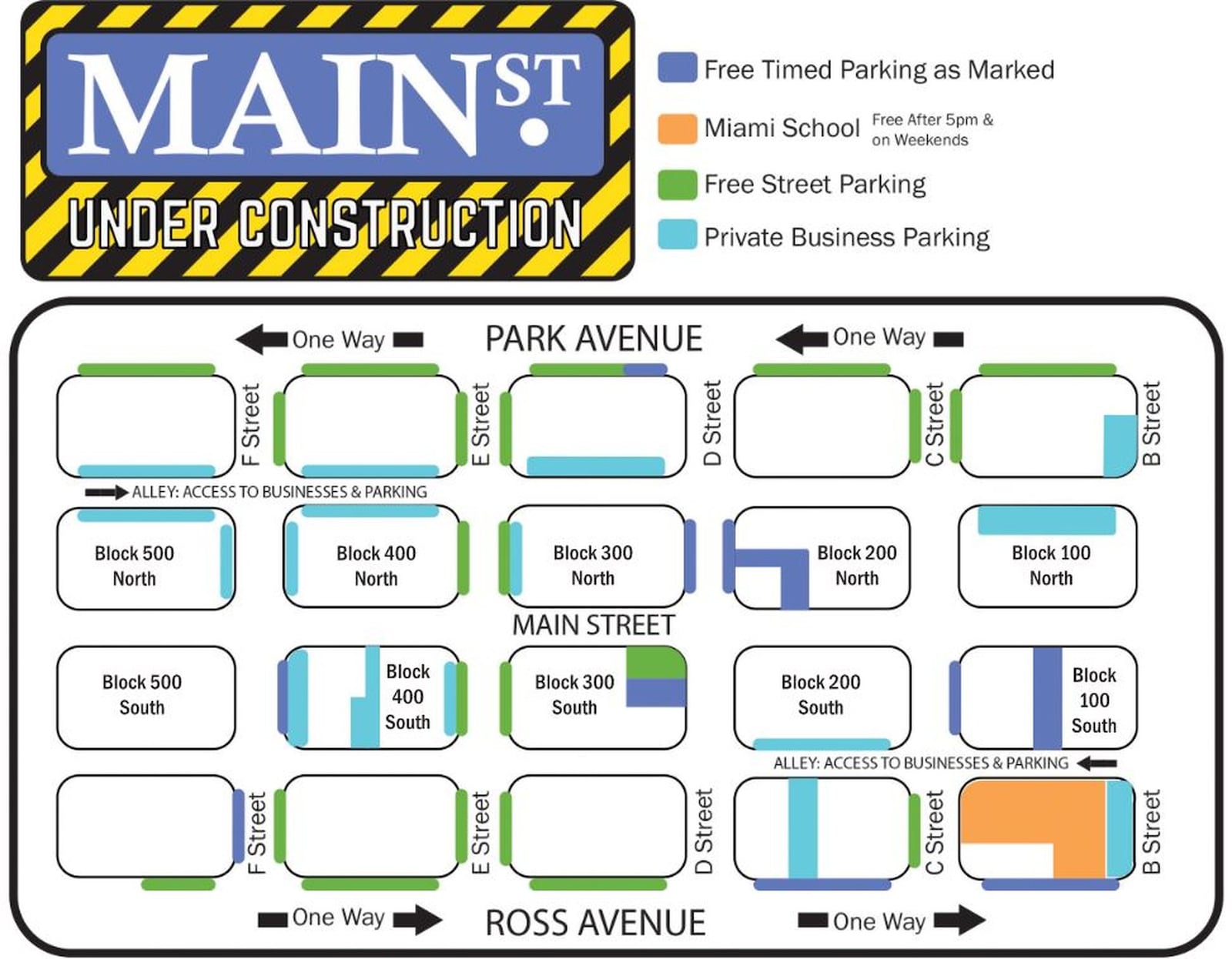 This map shows types of parking available in Hamilton’s Main Street area during construction.