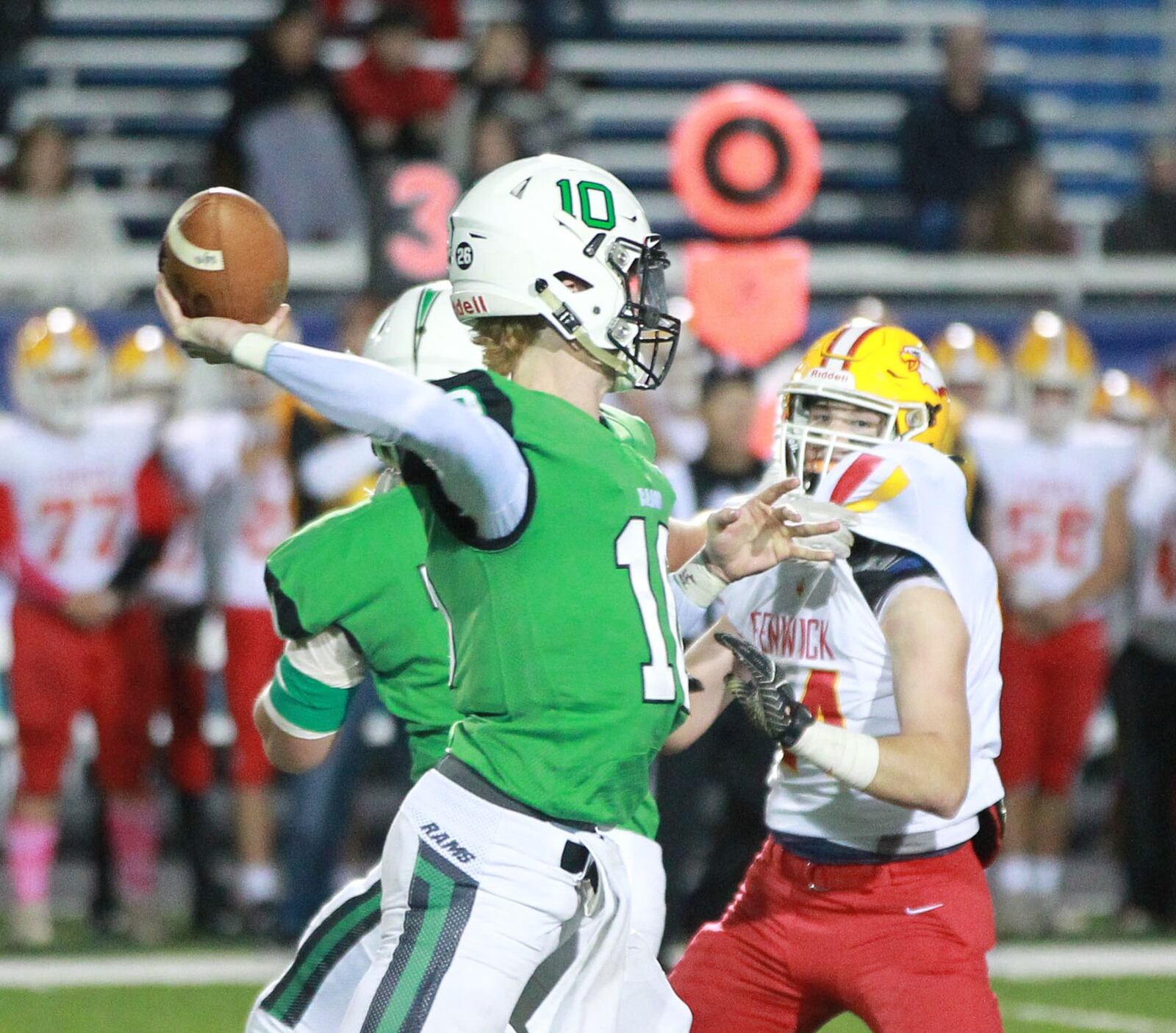 Badin QB Zach Switzer delivers. Badin defeated visiting Fenwick 34-6 in a Week 8 high school football game at Virgil Schwarm Stadium on Friday, Oct. 18, 2019. MARC PENDLETON / STAFF