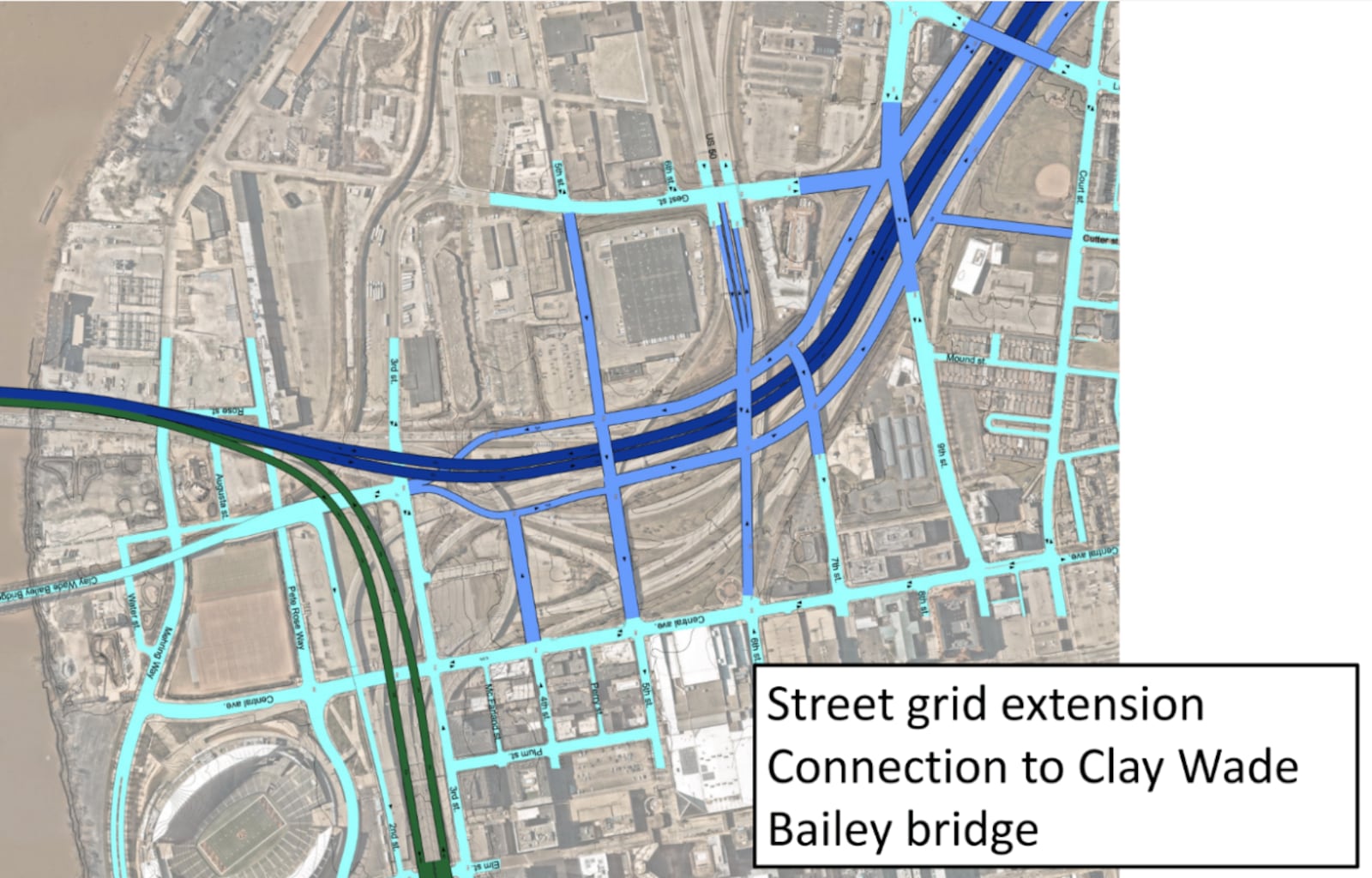 The purple lines on this map are the street grid extension proposed under Bridge Forward's design. BRIDGE FORWARD