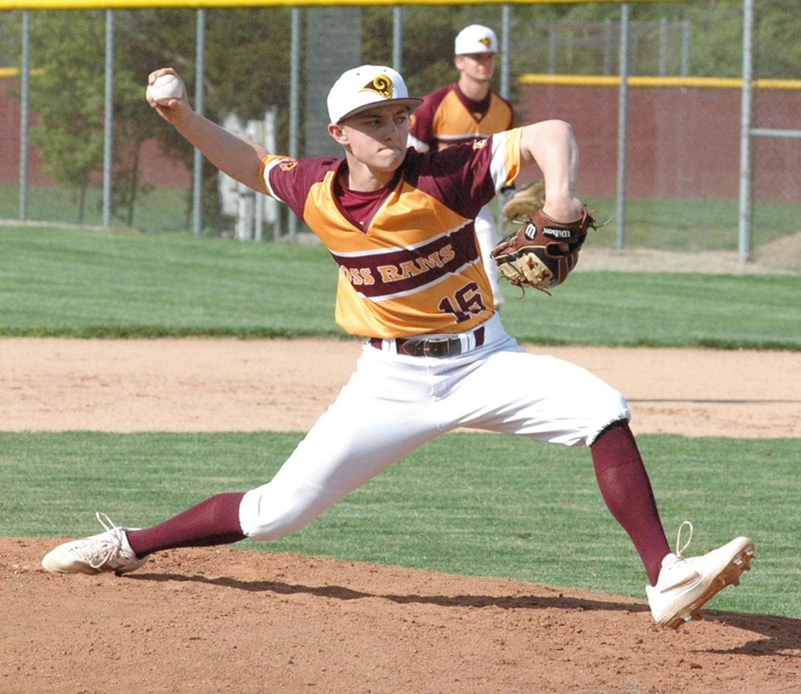 Ross pitcher Paul Schroeder (16) deals to home plate April 22 during a Southwest Ohio Conference baseball game against Little Miami in Ross Township. Ross won 2-1. RICK CASSANO/STAFF