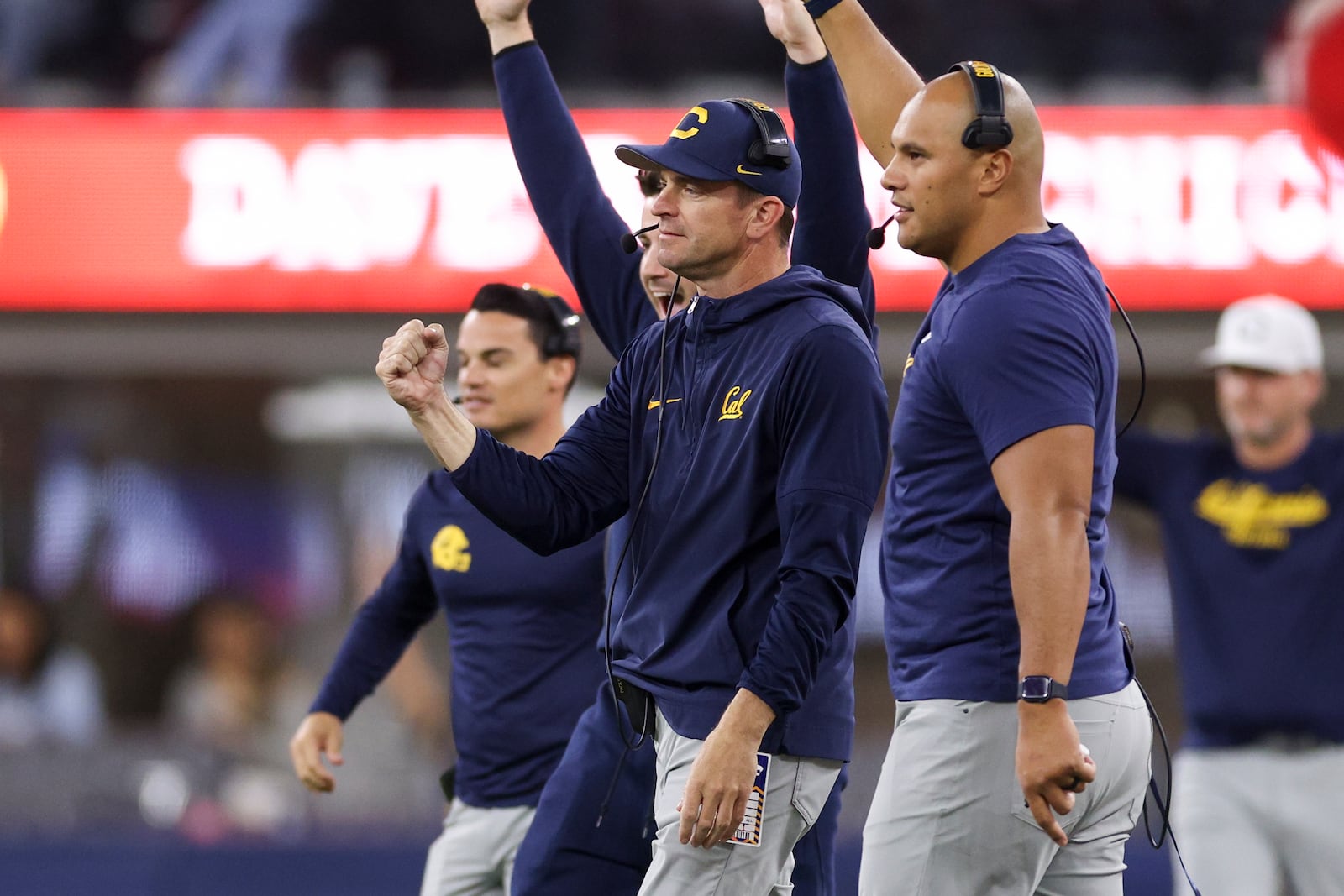 California head coach Justin Wilcox, left, reacts during the first half of the LA Bowl NCAA college football game against UNLV Wednesday, Dec. 18, 2024, in Inglewood, Calif. (AP Photo/Ryan Sun)