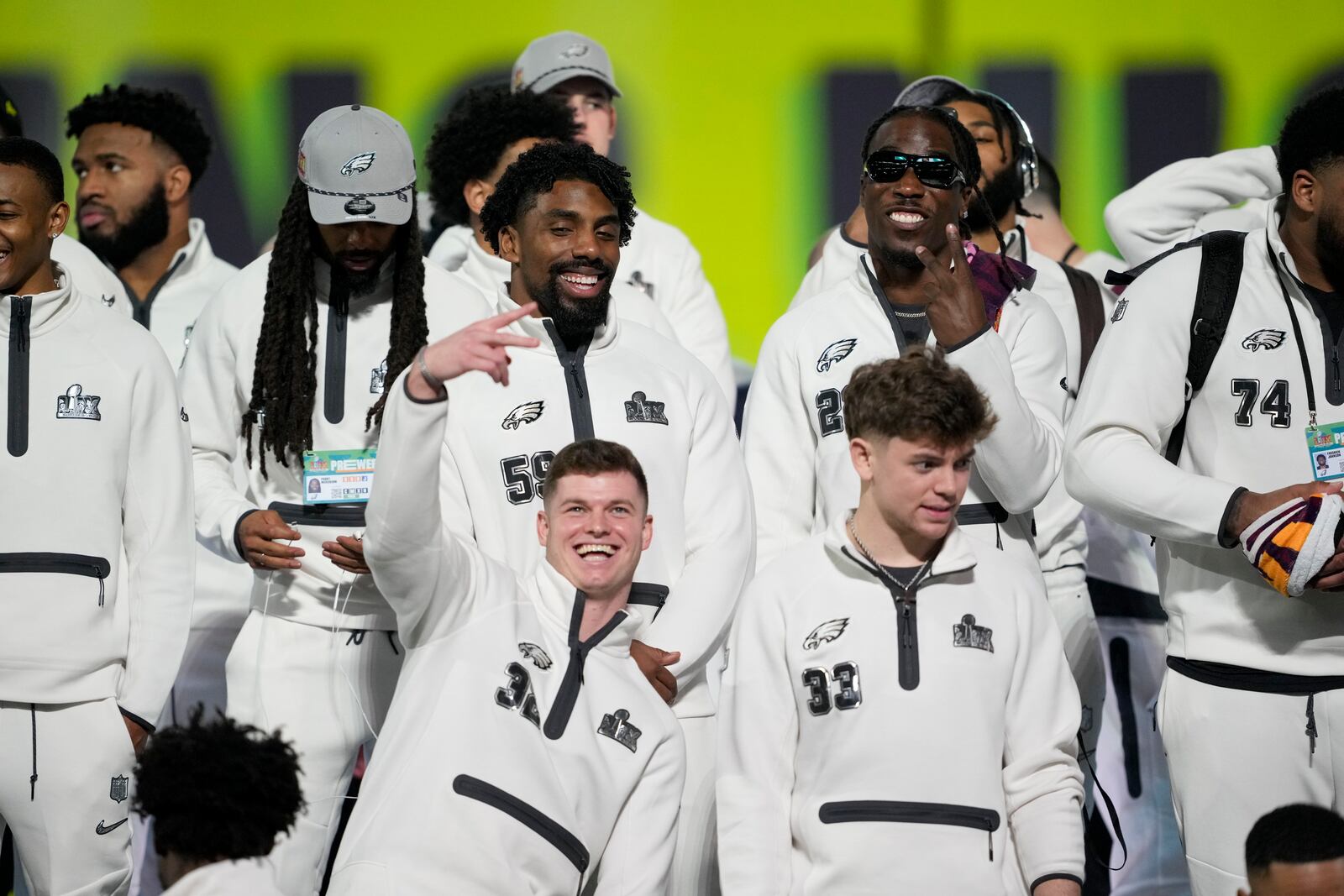 The Philadelphia Eagles arrive for Super Bowl 59 Opening Night, Monday, Feb. 3, 2025, in New Orleans, ahead of the NFL football game between the Philadelphia Eagles and the Kansas City Chiefs Sunday. (AP Photo/Matt York)