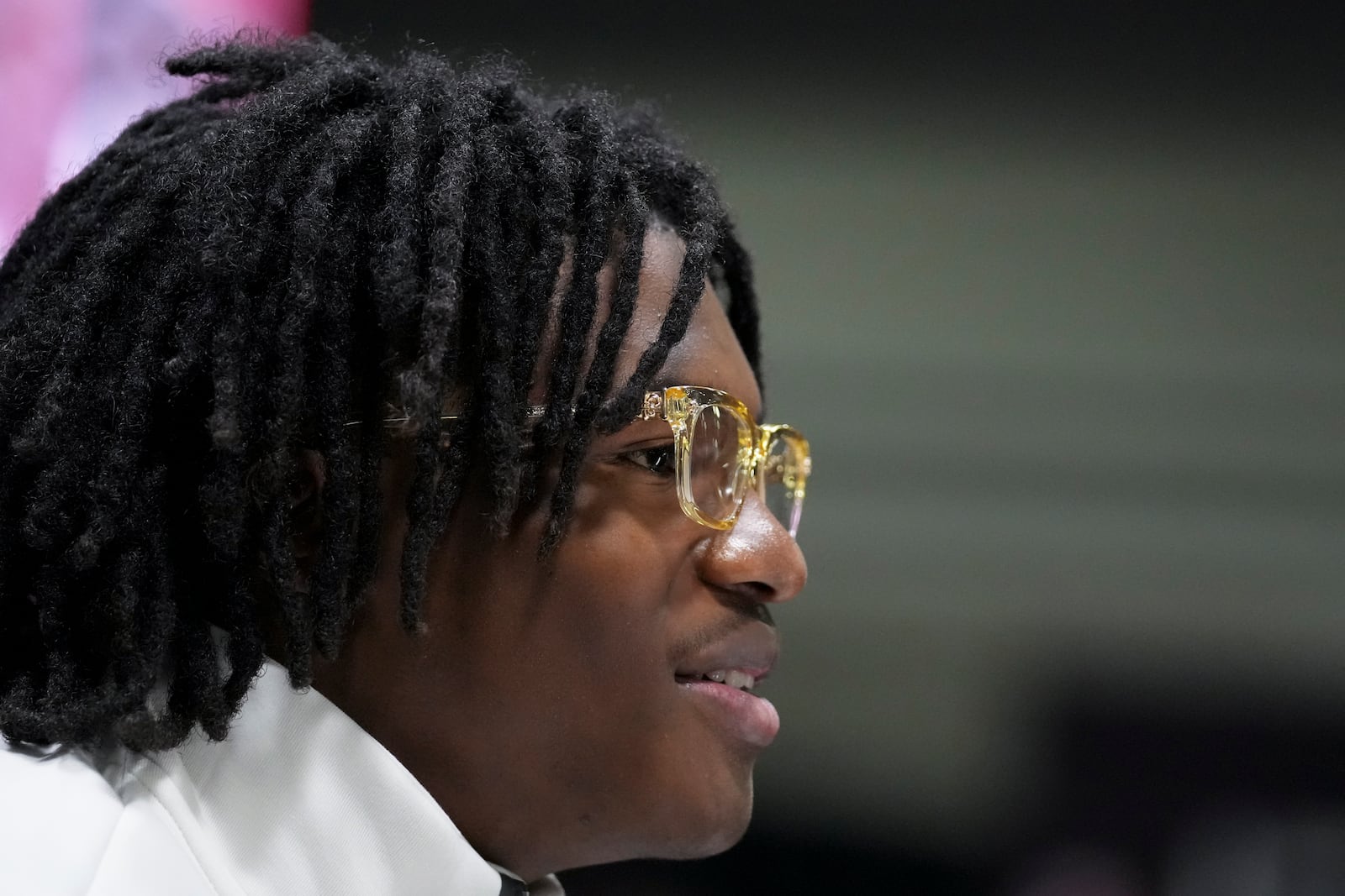 Ohio State wide receiver Jeremiah Smith during media day ahead of the national championship NCAA College Football Playoff game between Ohio State and Notre Dame Saturday, Jan. 18, 2025, in Atlanta. The game will be played on Monday. (AP Photo/Brynn Anderson)