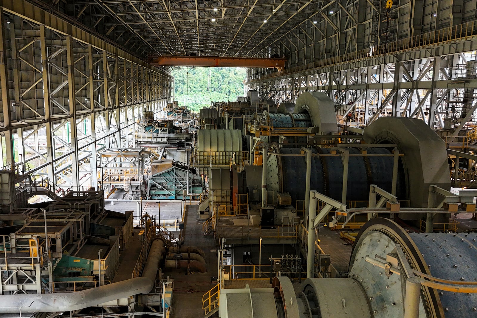 Mills at the Cobre Panamá copper mine, owned by Canada's First Quantum Minerals, sit idle during a press tour of the mine which was closed after Panama's Supreme Court ruled that the government concession was unconstitutional in Donoso, Panama, Friday, March 21, 2025. (AP Photo/Matias Delacroix)