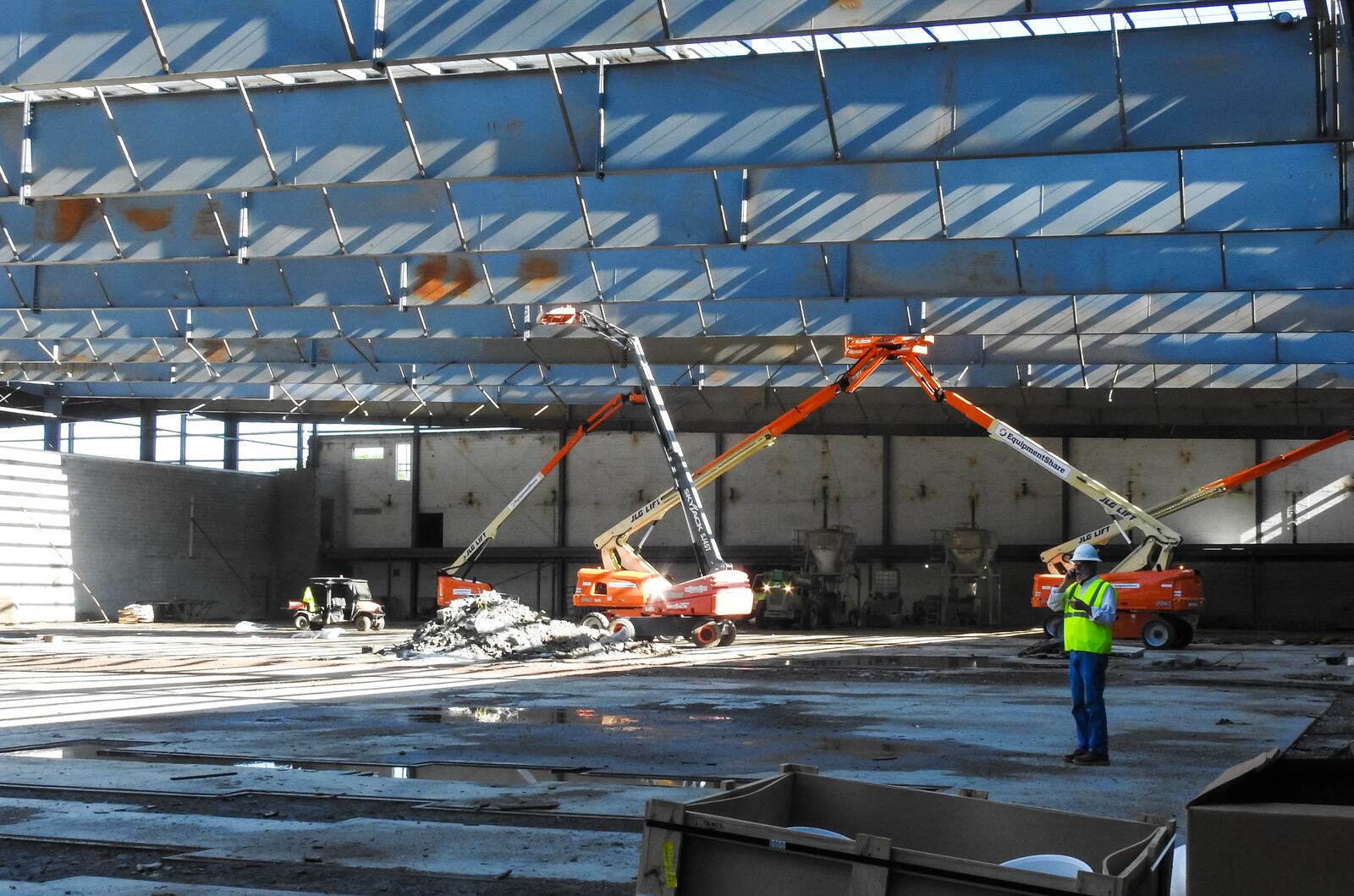 Media was invited to tour the Spooky Nook Sports Champion Mill complex under construction Friday, April 30, 2021 in Hamilton. The sports complex side and convention and hotel space combined will be over 1 million sq. feet when completed. Mill One, pictured, will feature a fitness center, climbing and adventure center, hardwood courts, sports courts, turf fields and more. Mill Two by the river is the conference center and will feature 233 hotel rooms, 16 conference rooms and 60,000 sq. feet of tenant/ lease space. NICK GRAHAM / STAFF