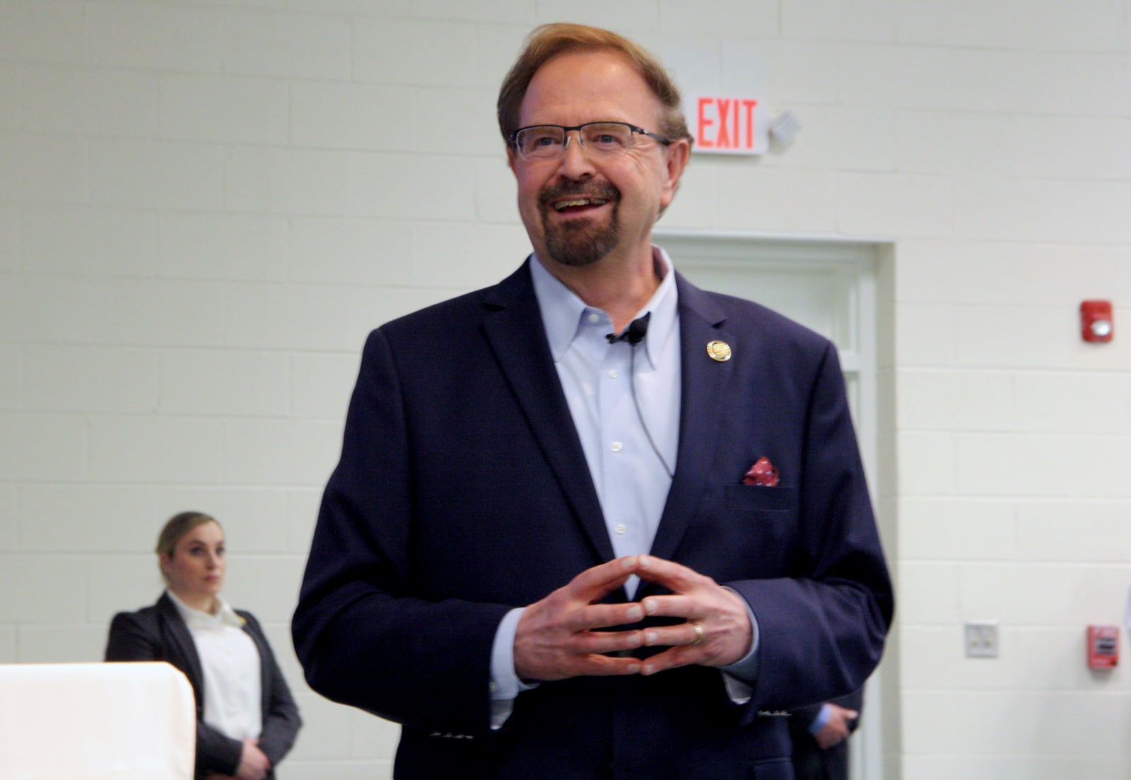 Rep. Chuck Edwards talks during a town hall in Asheville, N.C. on Thursday, March 13, 2025. (AP Photo/Makiya Seminera)