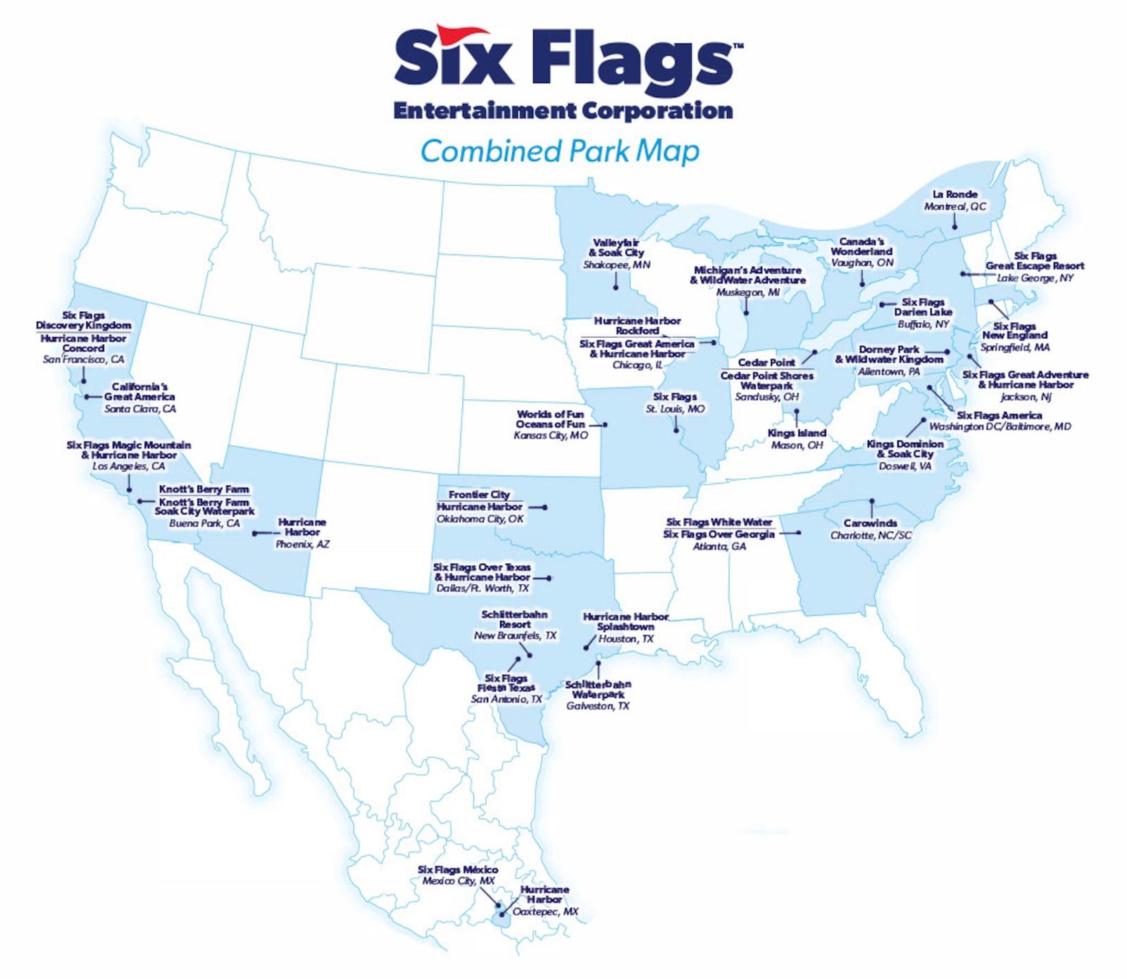 Map of all Six Flags parks in US, Mexico and Canada. Contributed