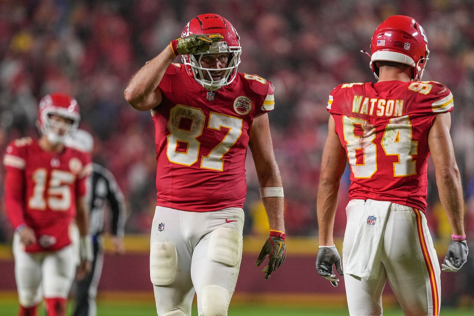 Kansas City Chiefs tight end Travis Kelce (87) celebrates a first down reception against the Tampa Bay Buccaneers during overtime of an NFL football game, Monday, Nov. 4, 2024, in Kansas City, Mo. (AP Photo/Ed Zurga)