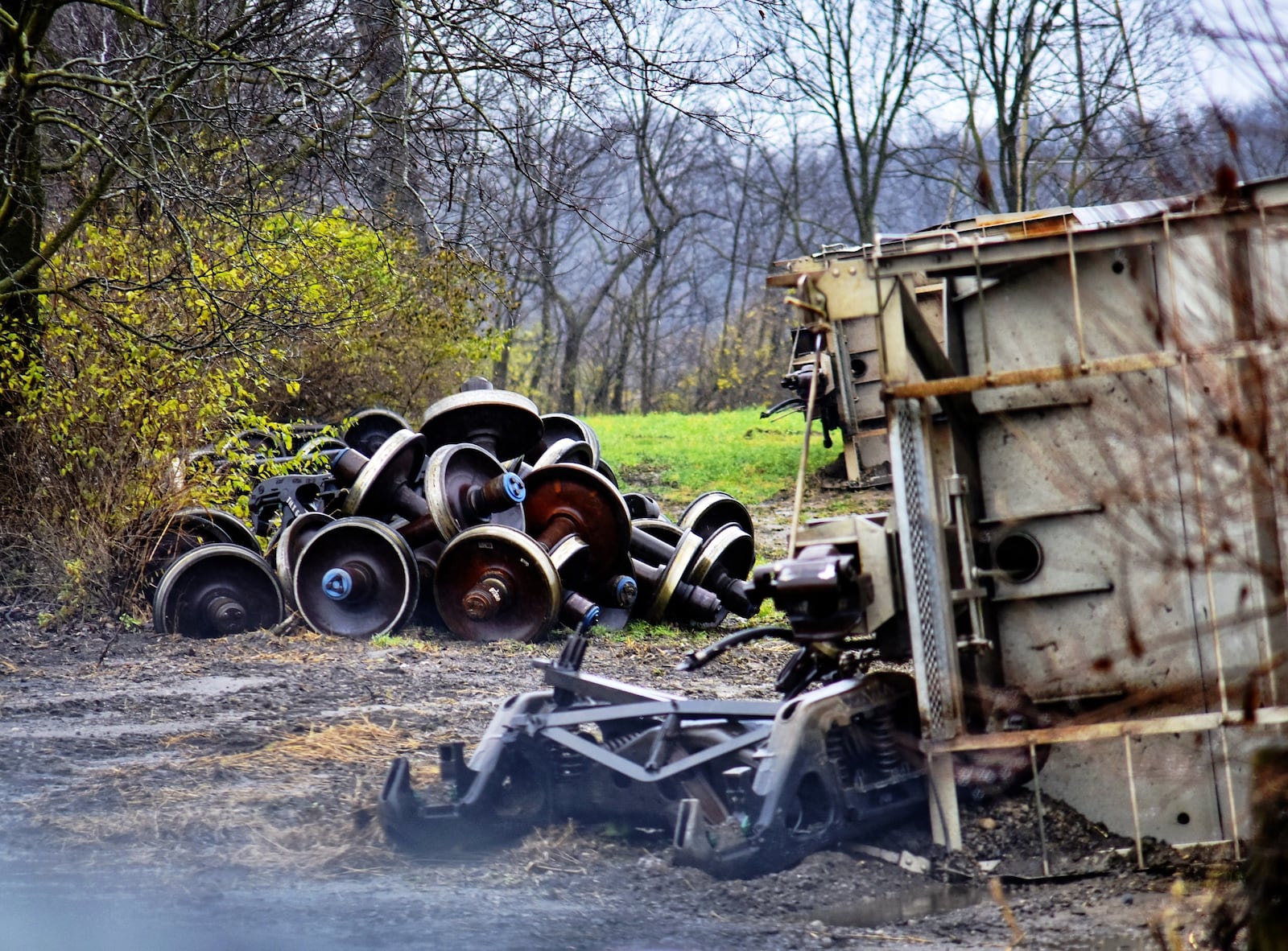 The cleanup of rail cars left in fields over the winter after a derailment in Wayne Twp. is ongoing, according to Norfolk Southern Railroad officials. NICK GRAHAM / STAFF